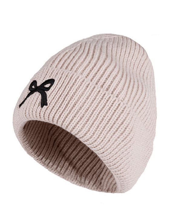 Sand Beige Embroidered Bow Beanie