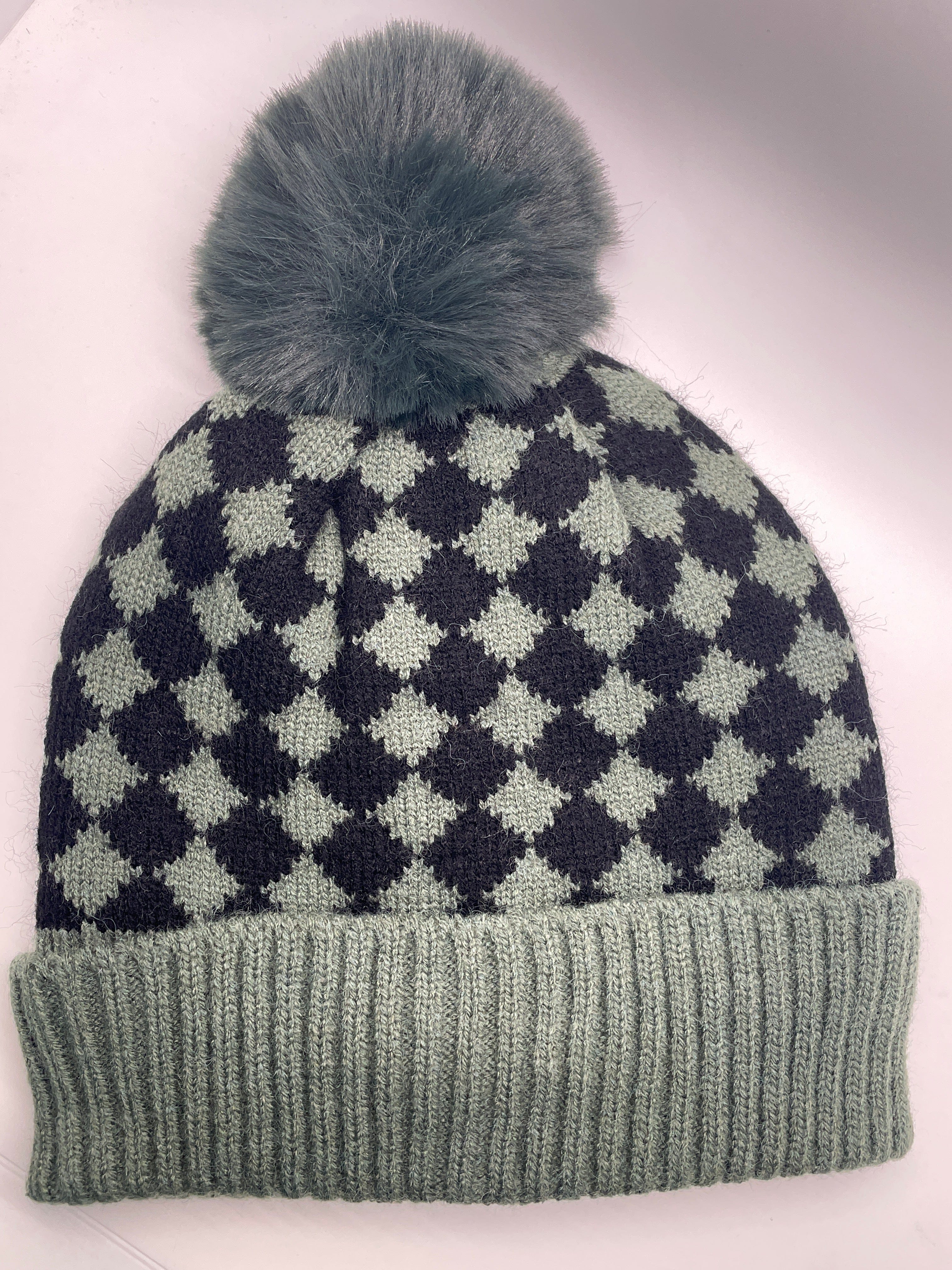 Olive Checkerboard Pom Beanie