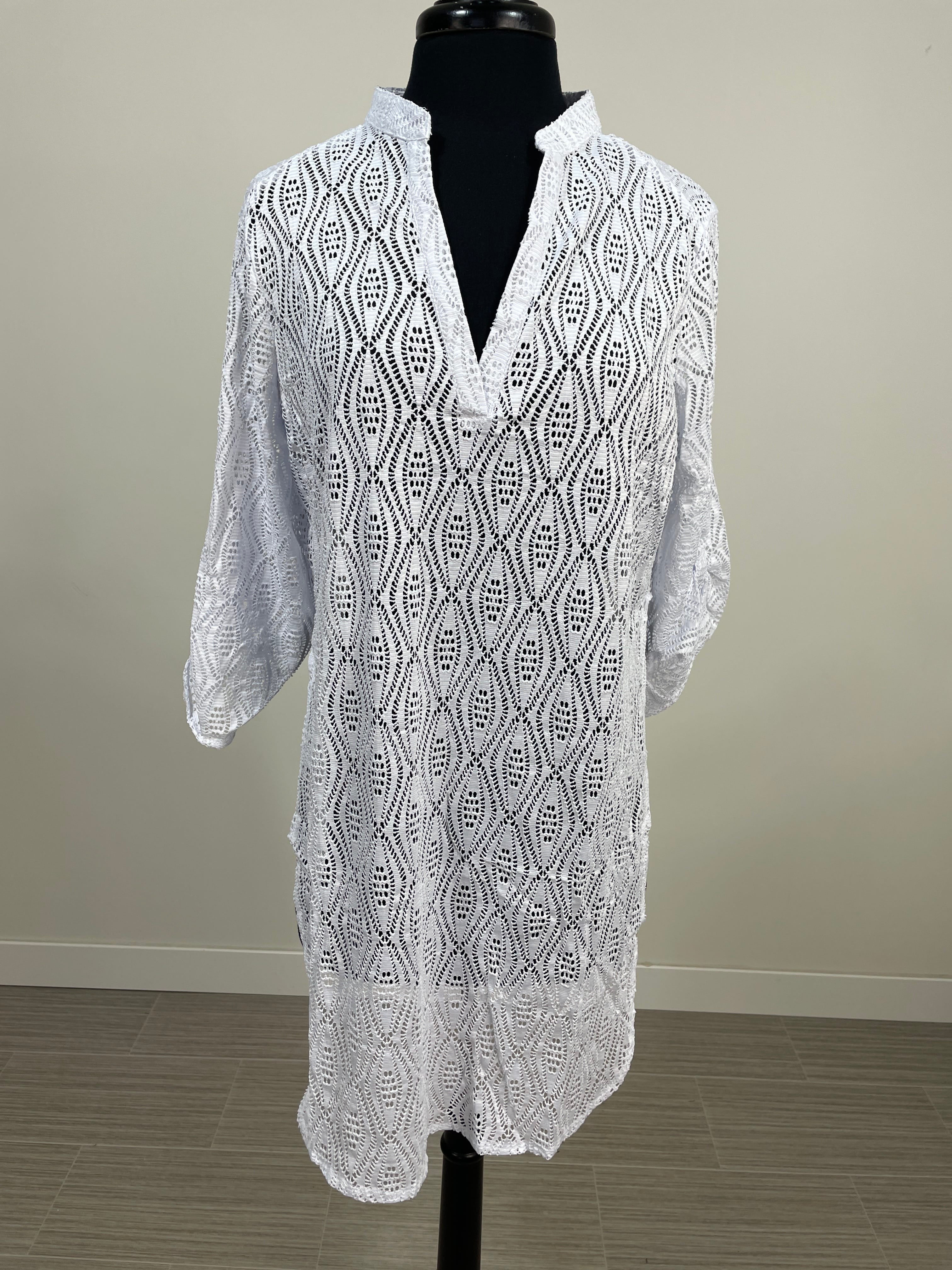 White 3/4 Sleeve Crochet Cover Up