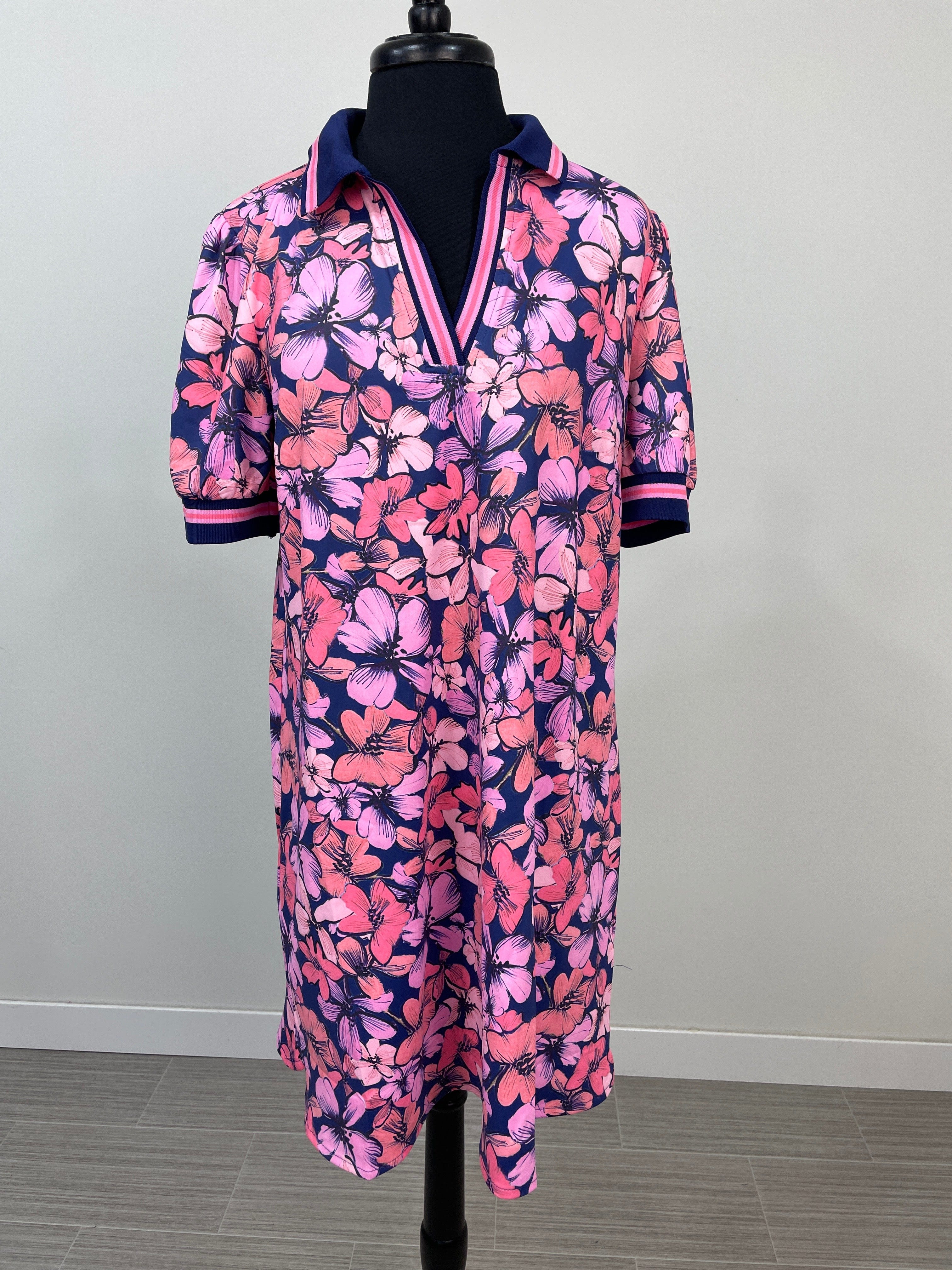 Navy & Pink Floral Print Polo Dress