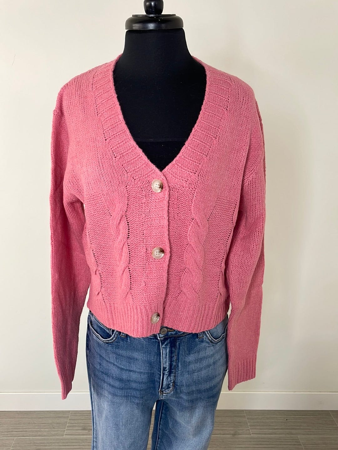 Pink Cropped Cable Knit Button Up Sweater