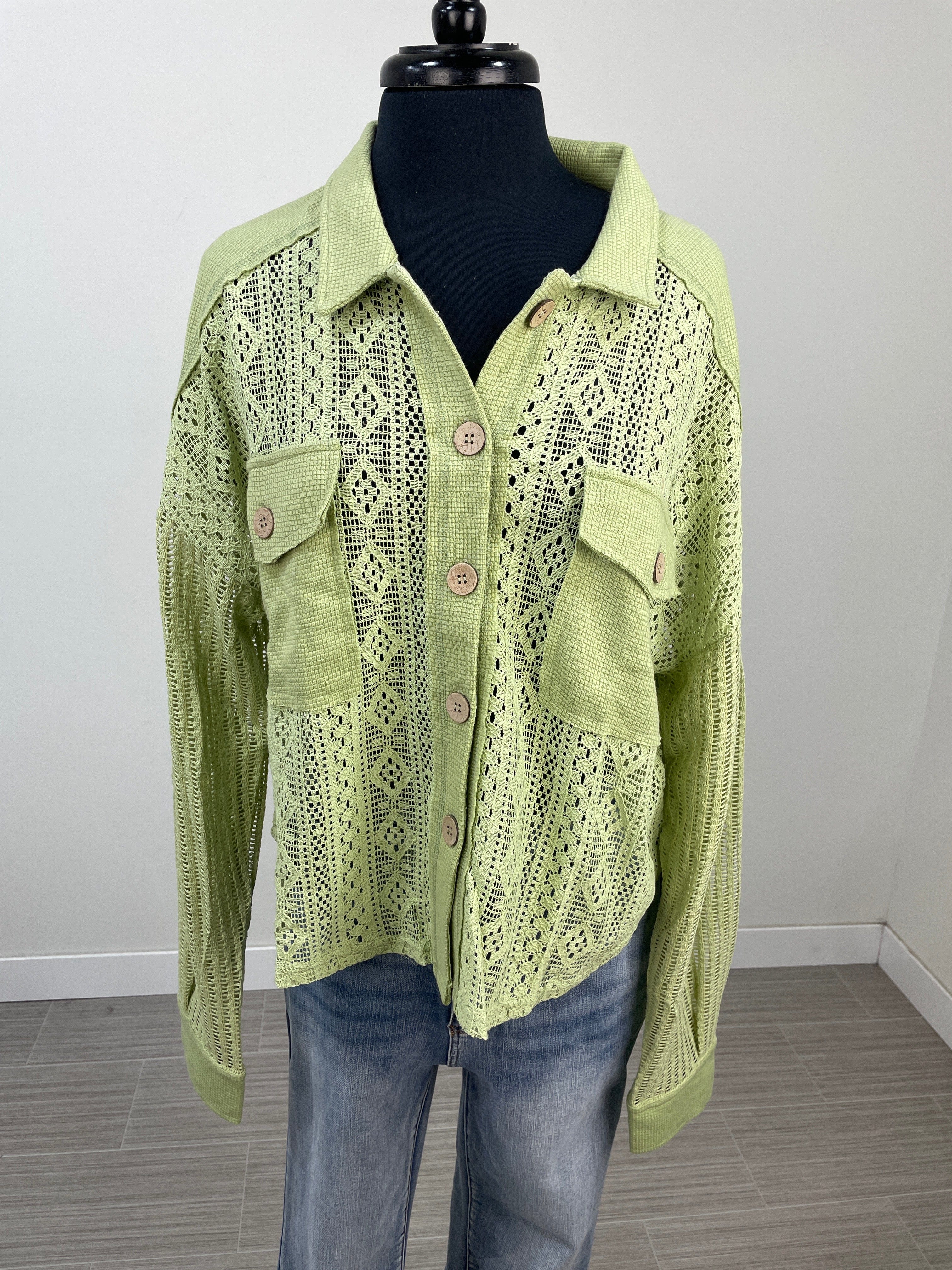 Sage Lace Hollow Out Button Blouse