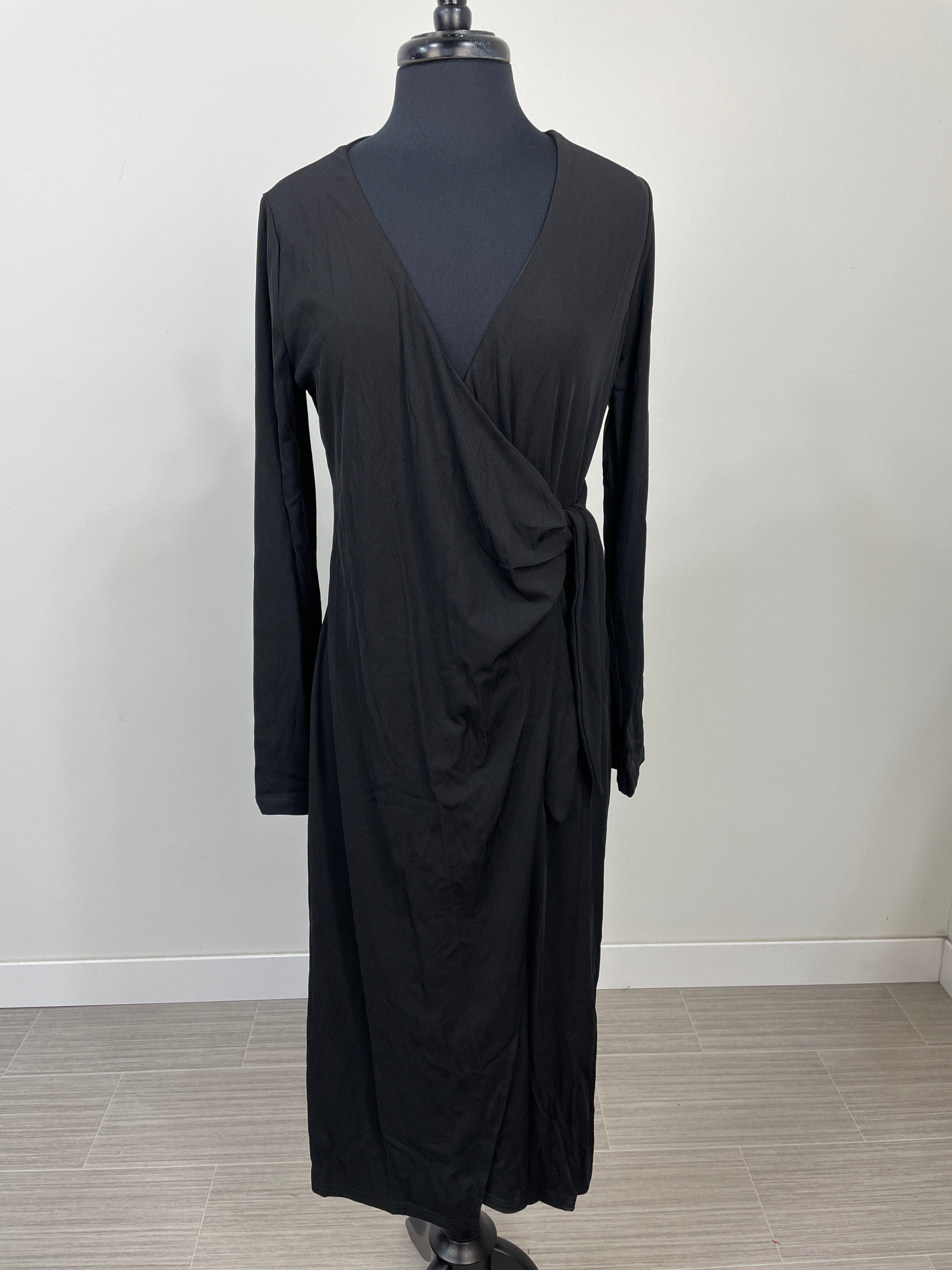 Black Side Tie Surplice Rib Midi Dress