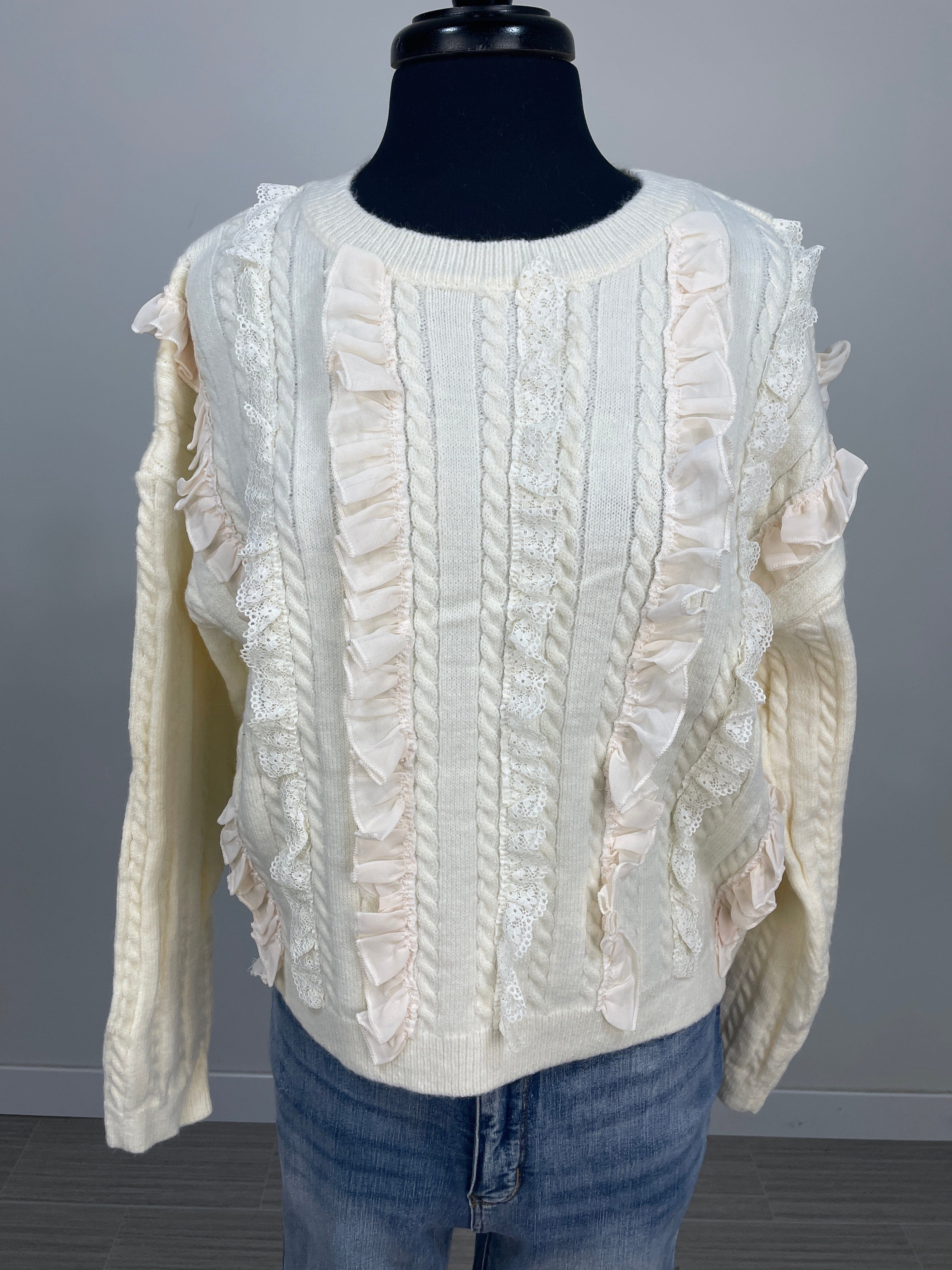 Ribbon Ruffle Ivory Sweater