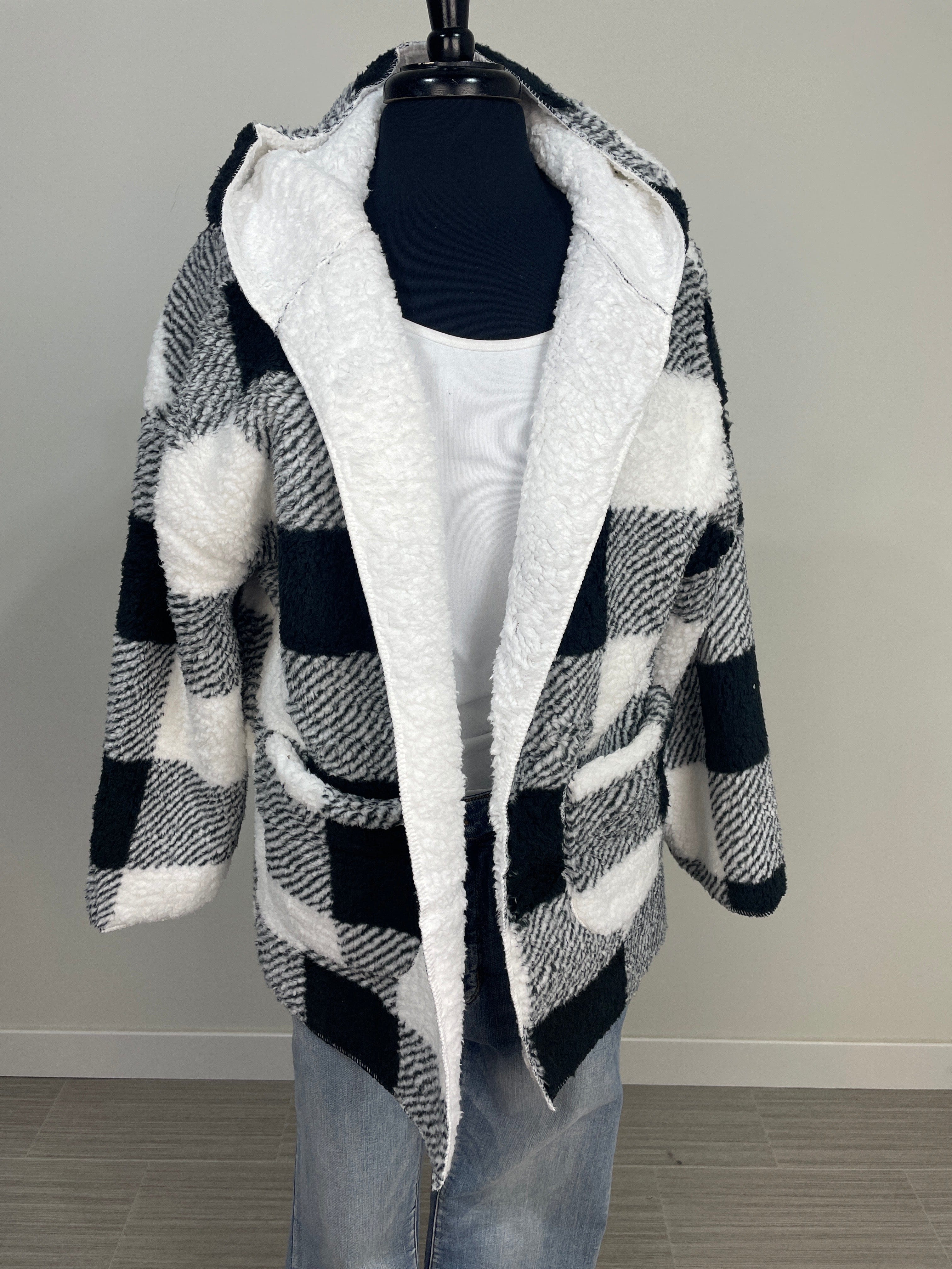 Black & White Check Hooded Sherpa Cardigan Jacket