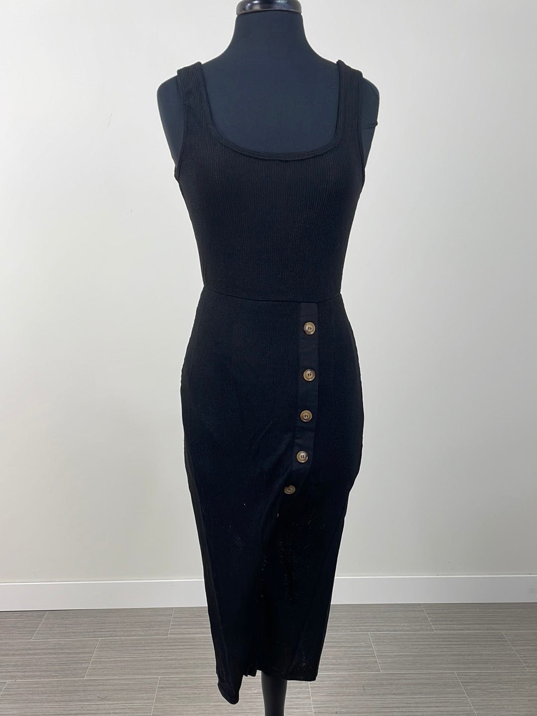 Black Scoop Neck Button Midi Dress