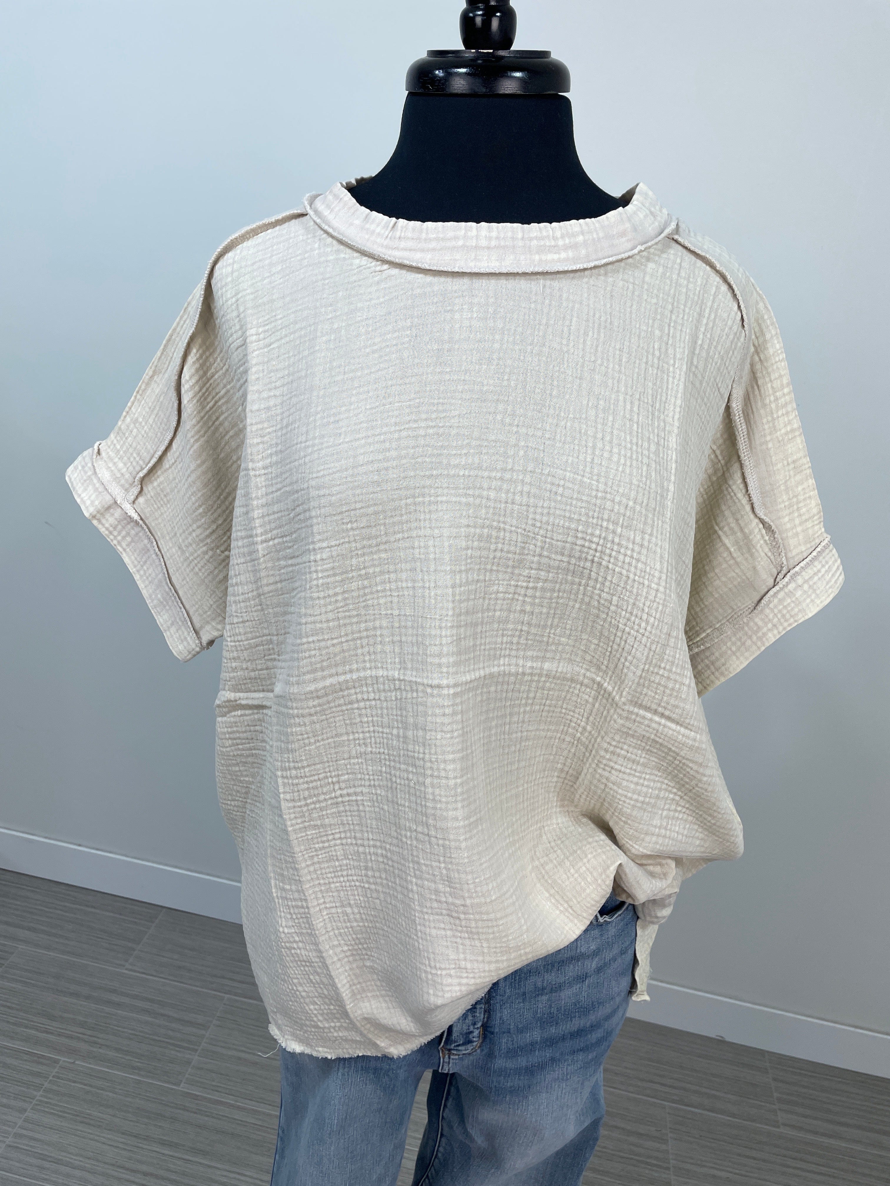Beige Acid Wash Gauze Cuffed Tee
