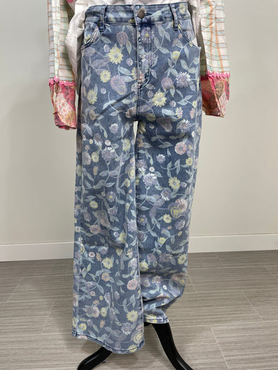 Floral Printed Washed Denim