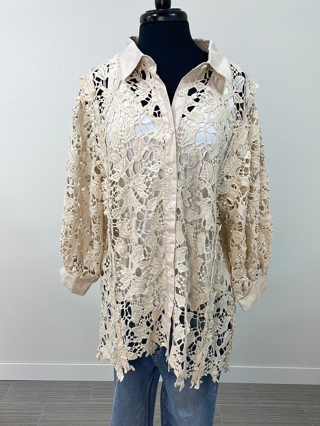 Natural Lace Button Down Top