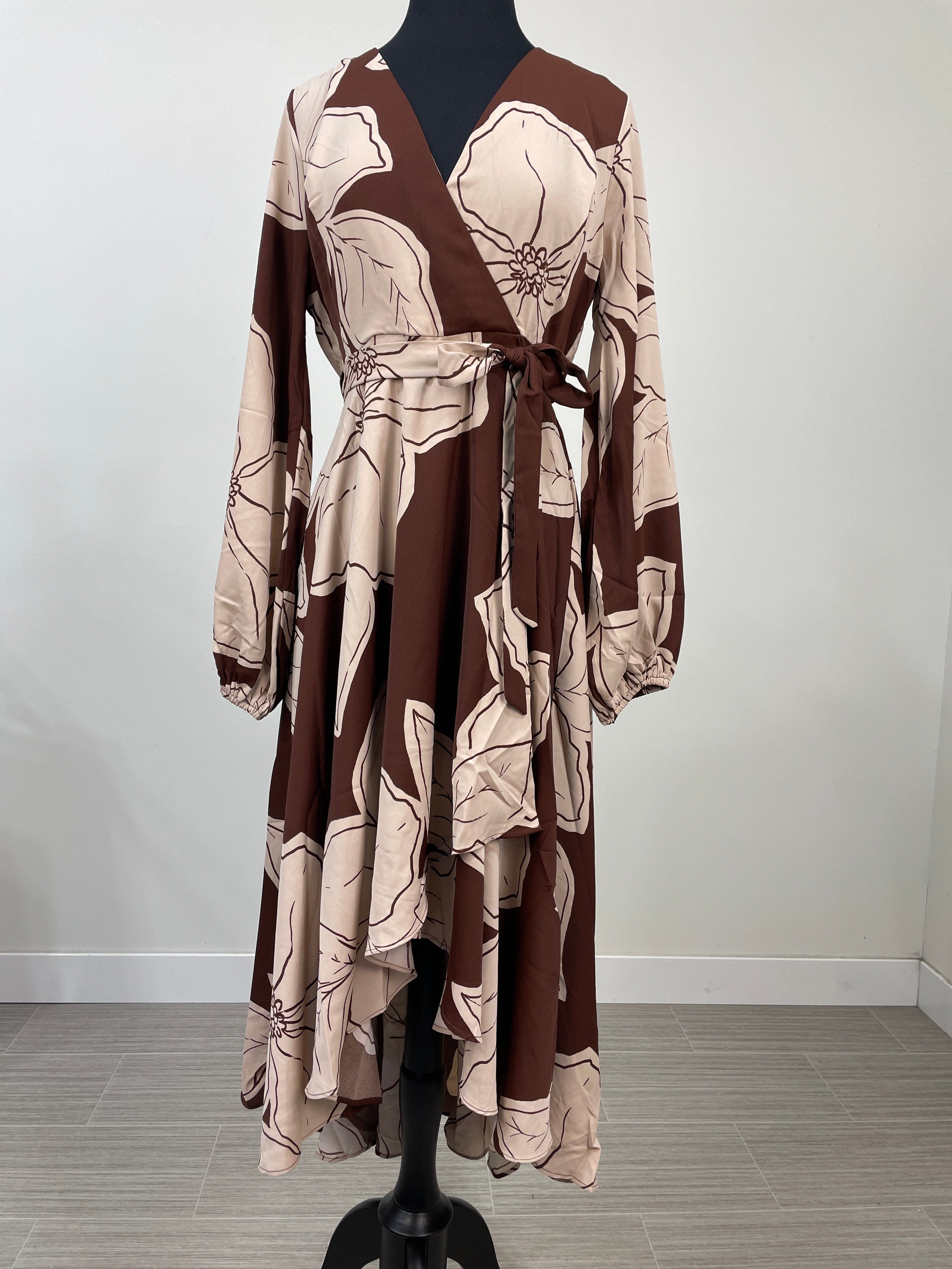 Brown Floral Surplice Dress