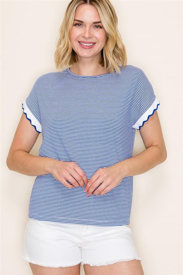 Ivory & Royal Striped Scallop Edge Top