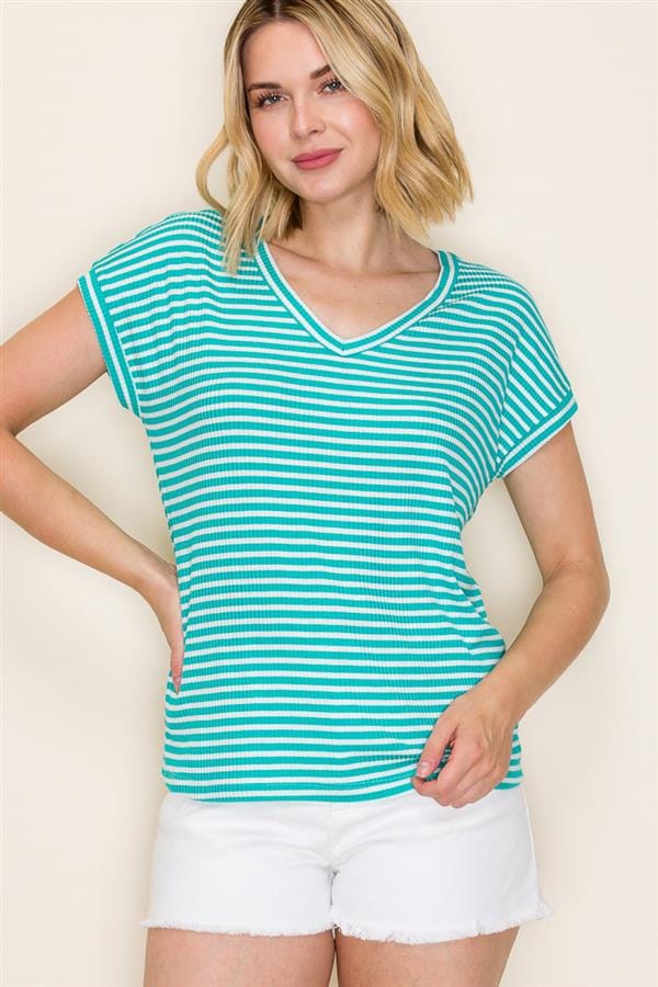 Dark Mint Rib Striped Jersey Top