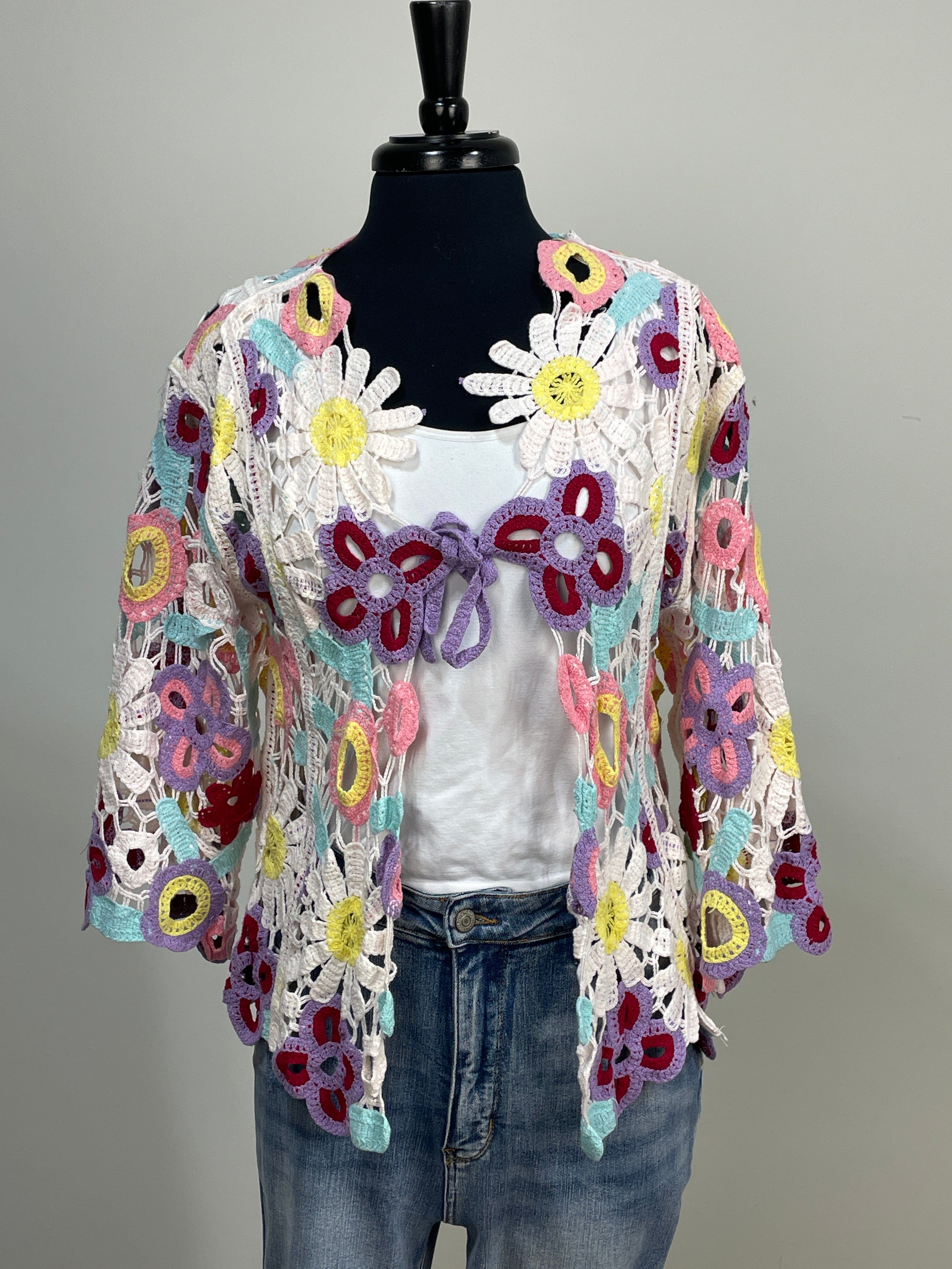 Pastel Floral Crochet Tie Front Cardigan