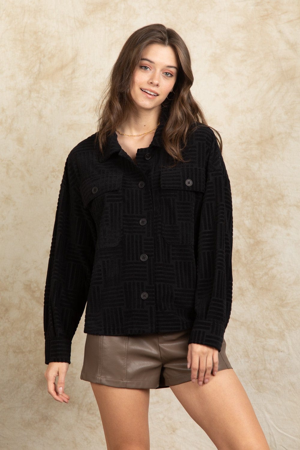 Black Embossed Texture Button Down Top