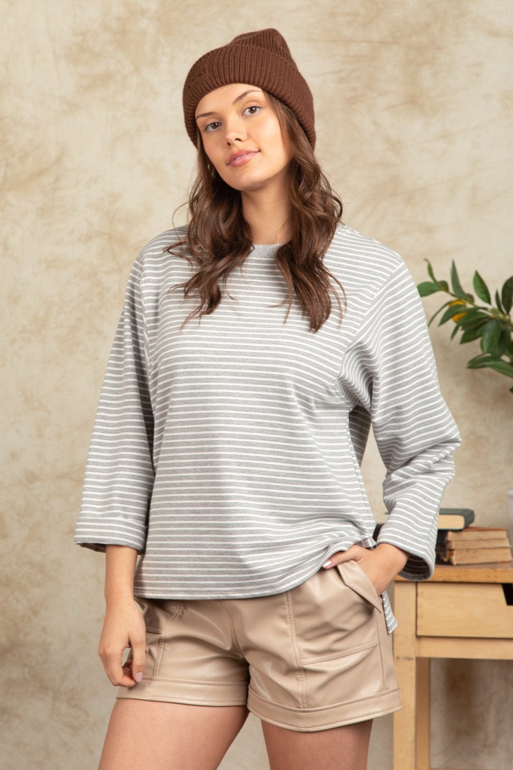 Grey French Terry Striped Top