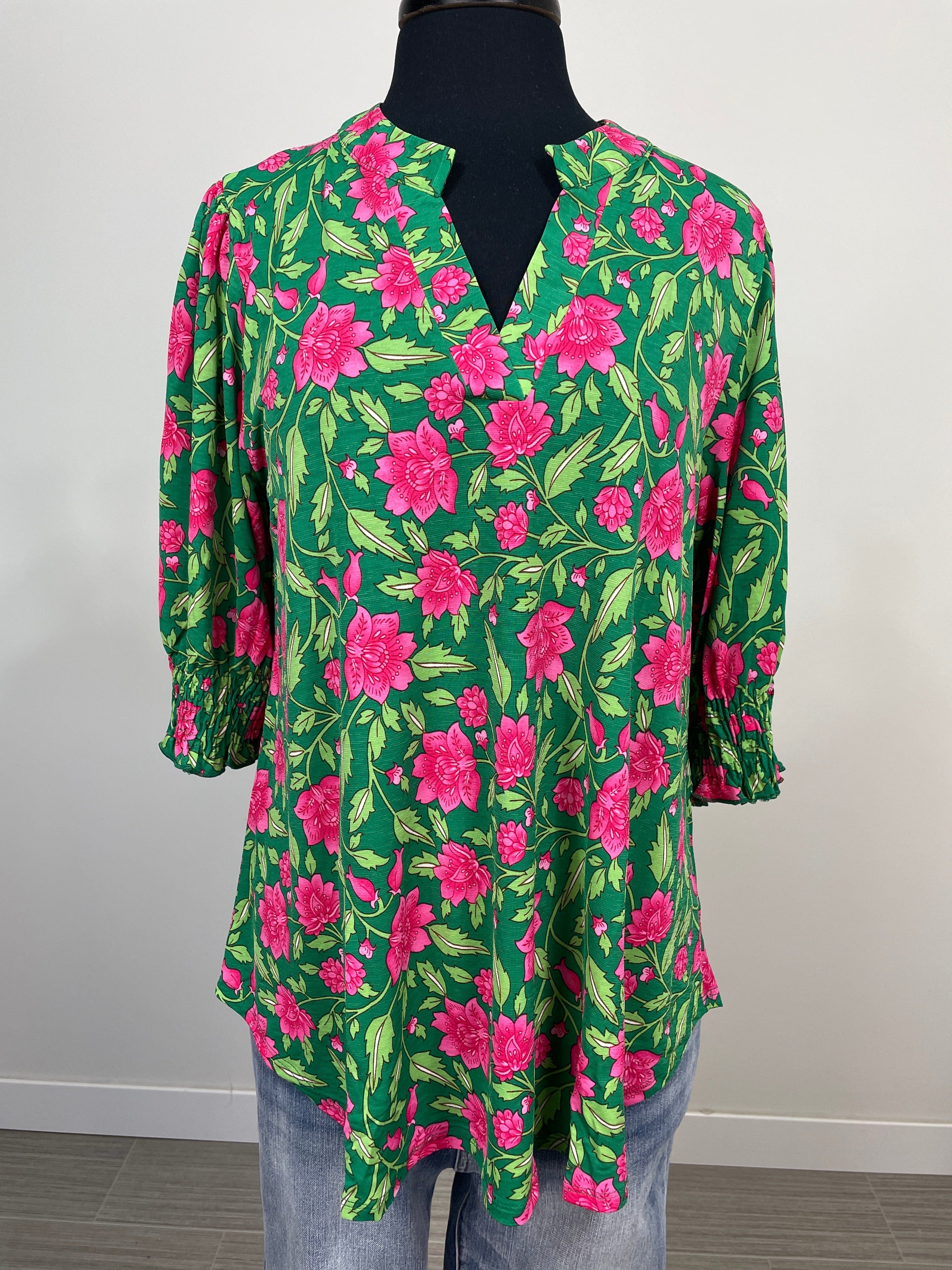 Kelly Green Floral Smocked Sleeve Lizzy Blouse