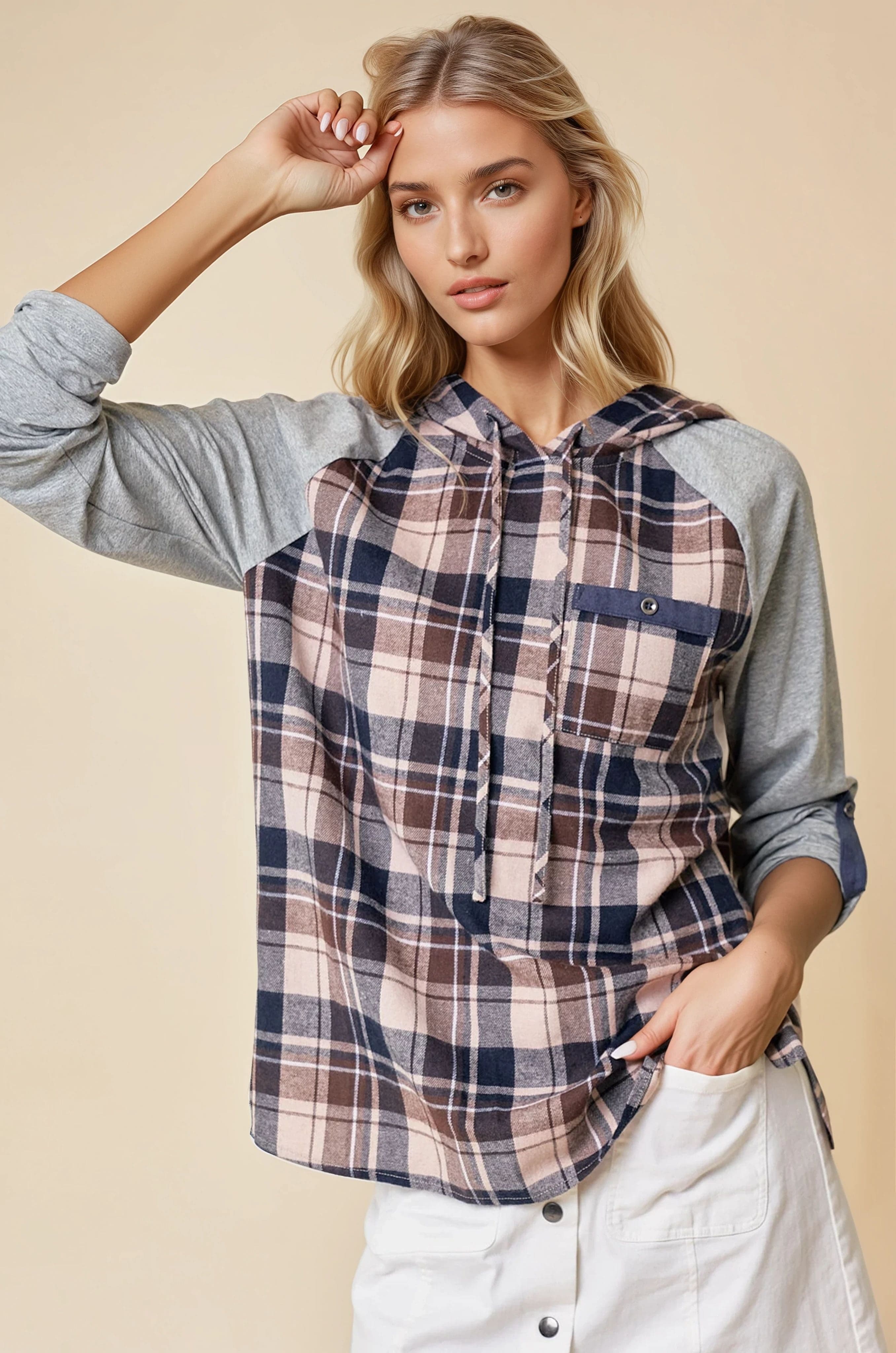 Brown & Gray Plaid Raglan Hooded Top