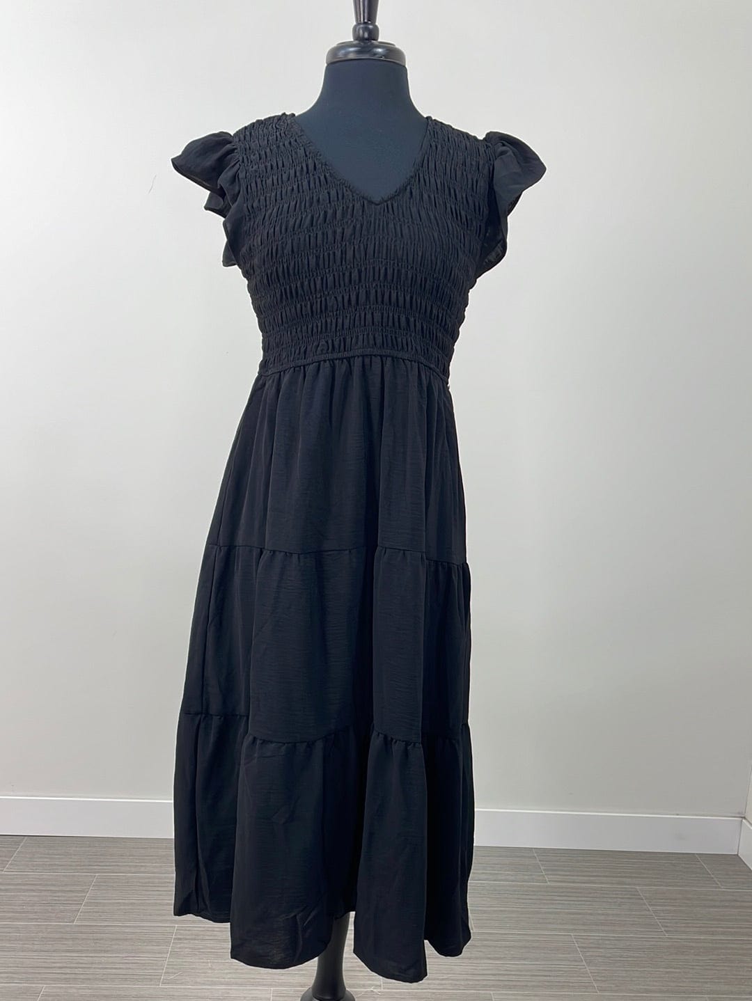 Black Flutter Sleeve Midi Dress