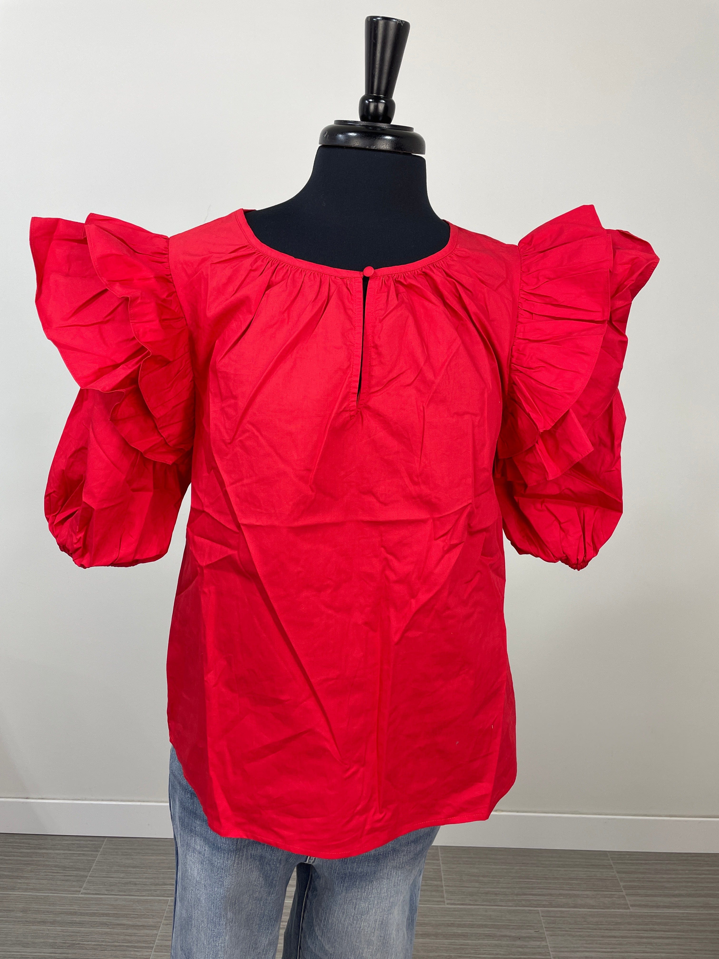 Red Ruffle Keyhole Blouse