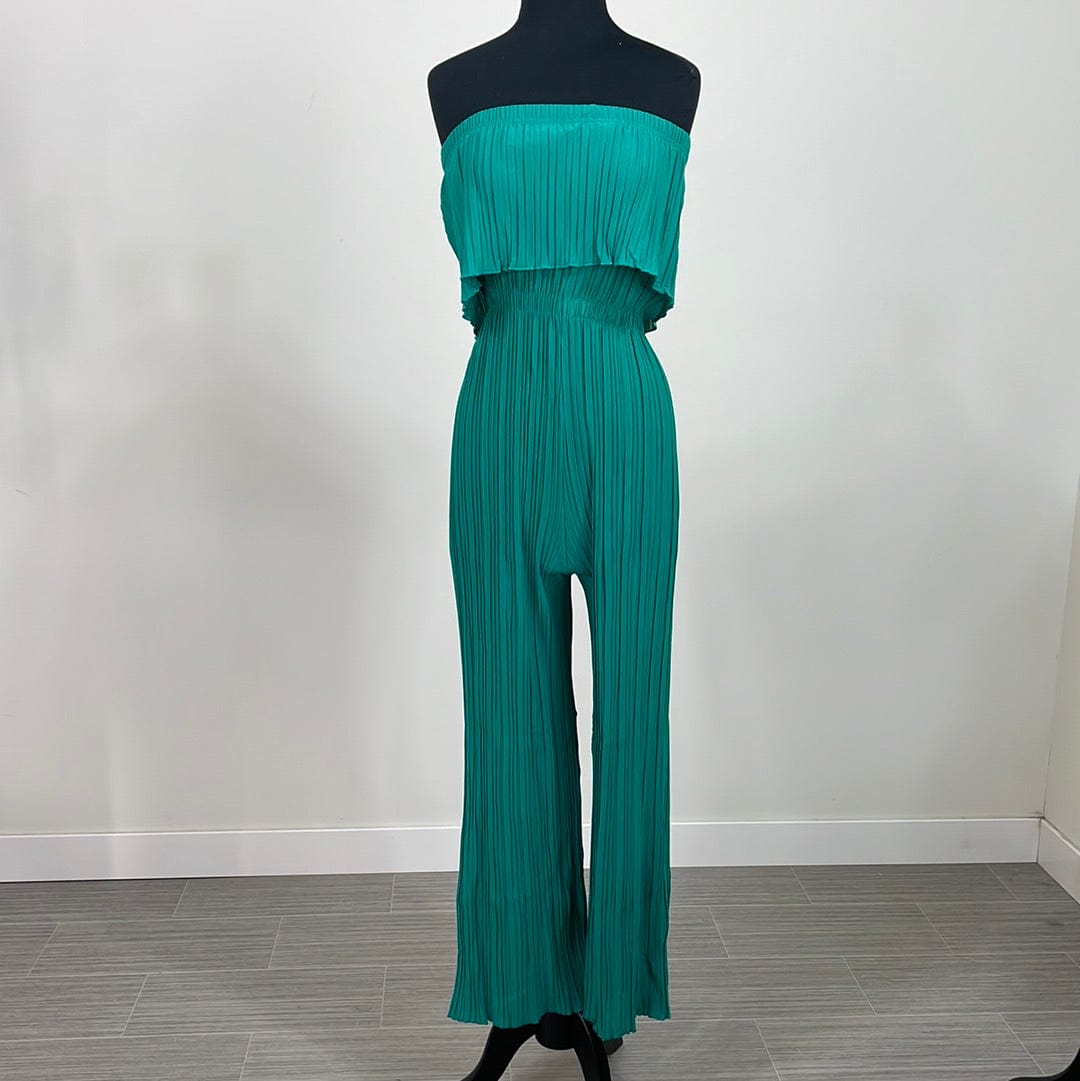 Dynasty Green Pleated Flounce Strapless Jumpsuit