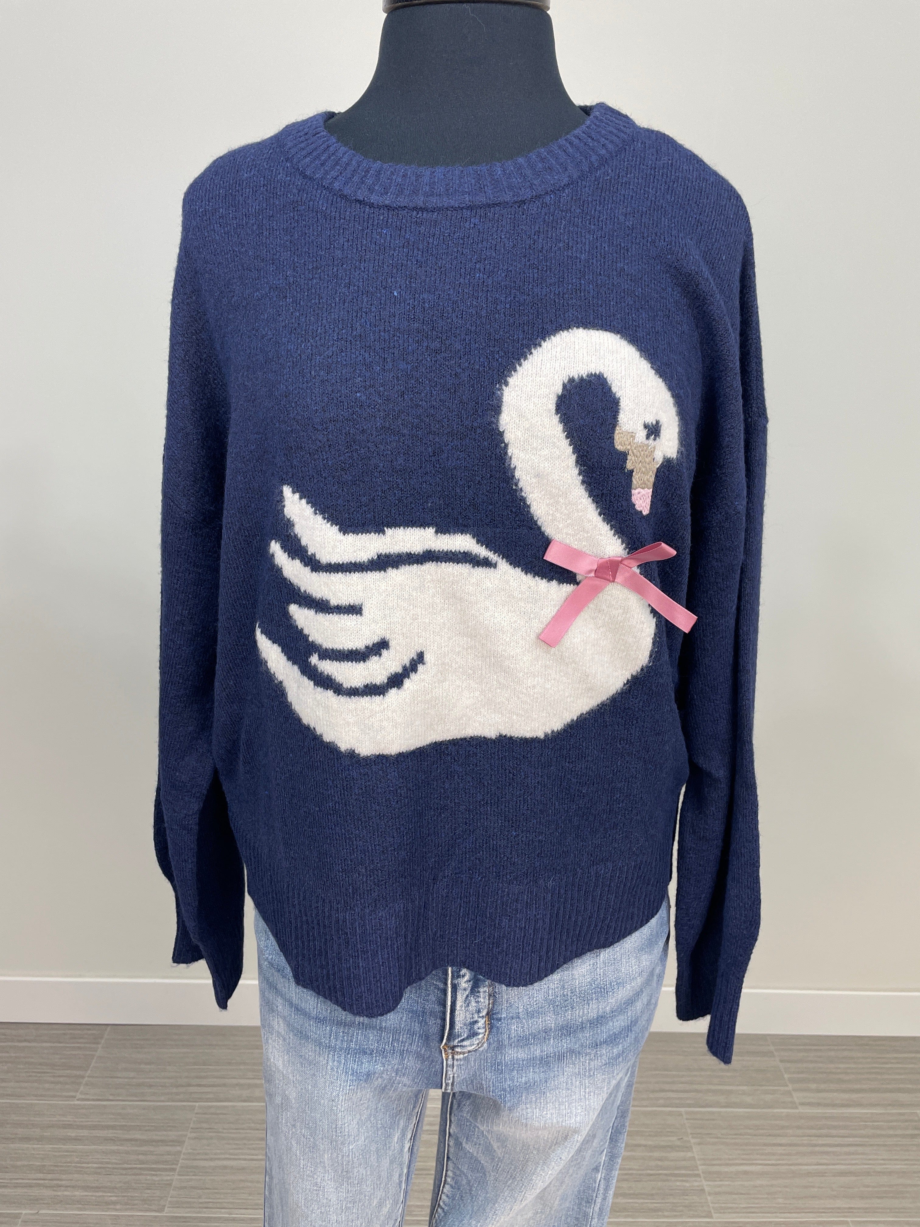 Navy Swan Bow Knit Sweater