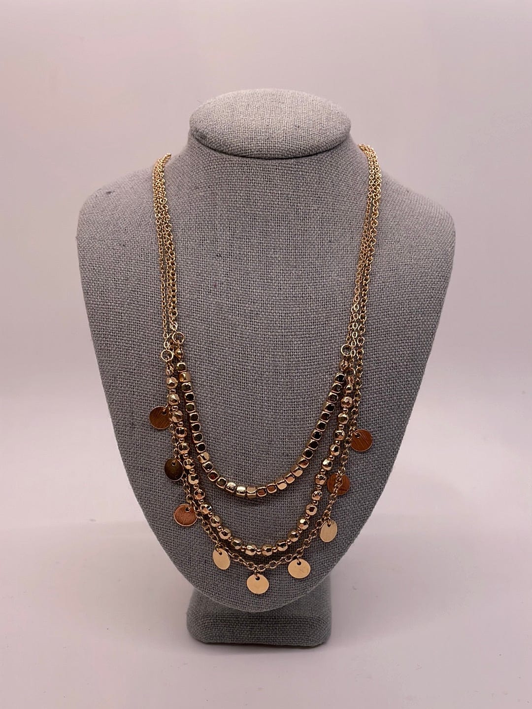 Gold Triple Layer Disc Charm Necklace