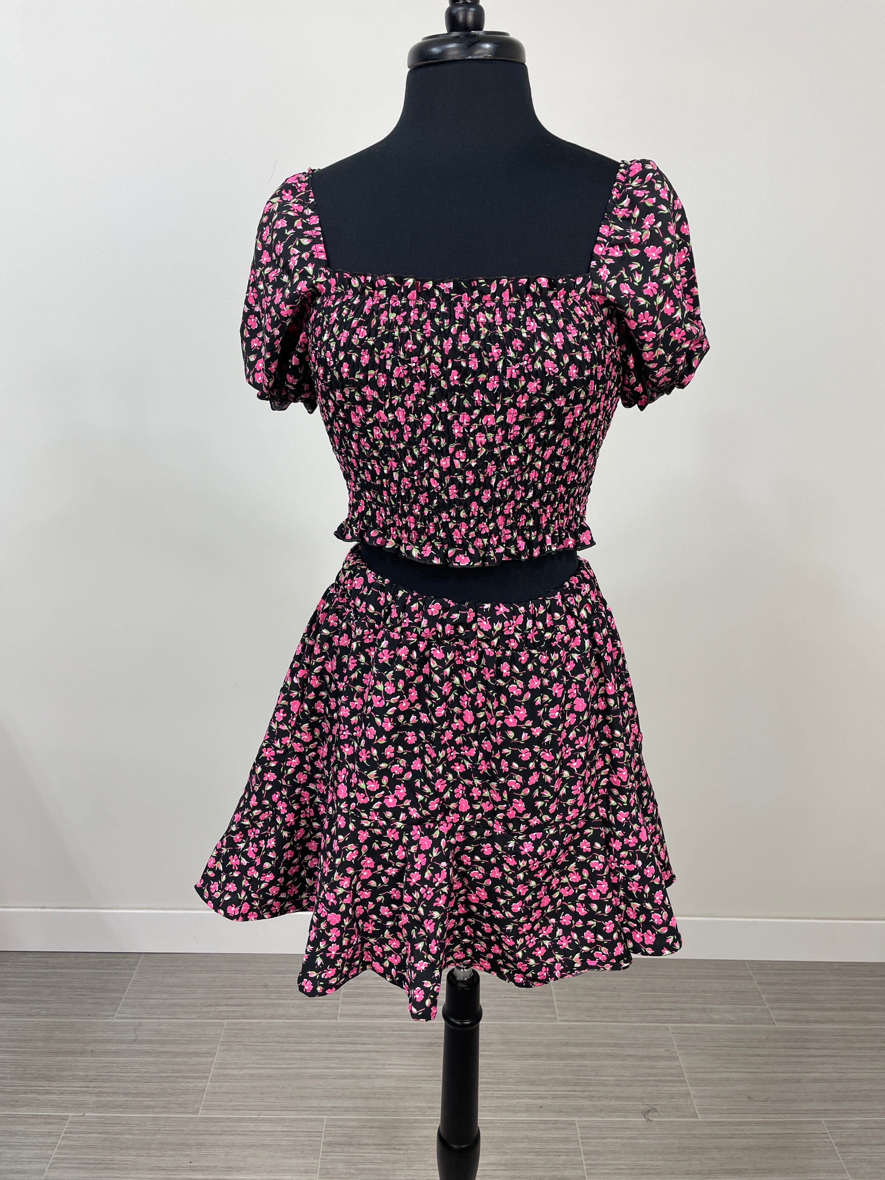 Black & Pink Floral 2pc Skirt & Crop Top Set