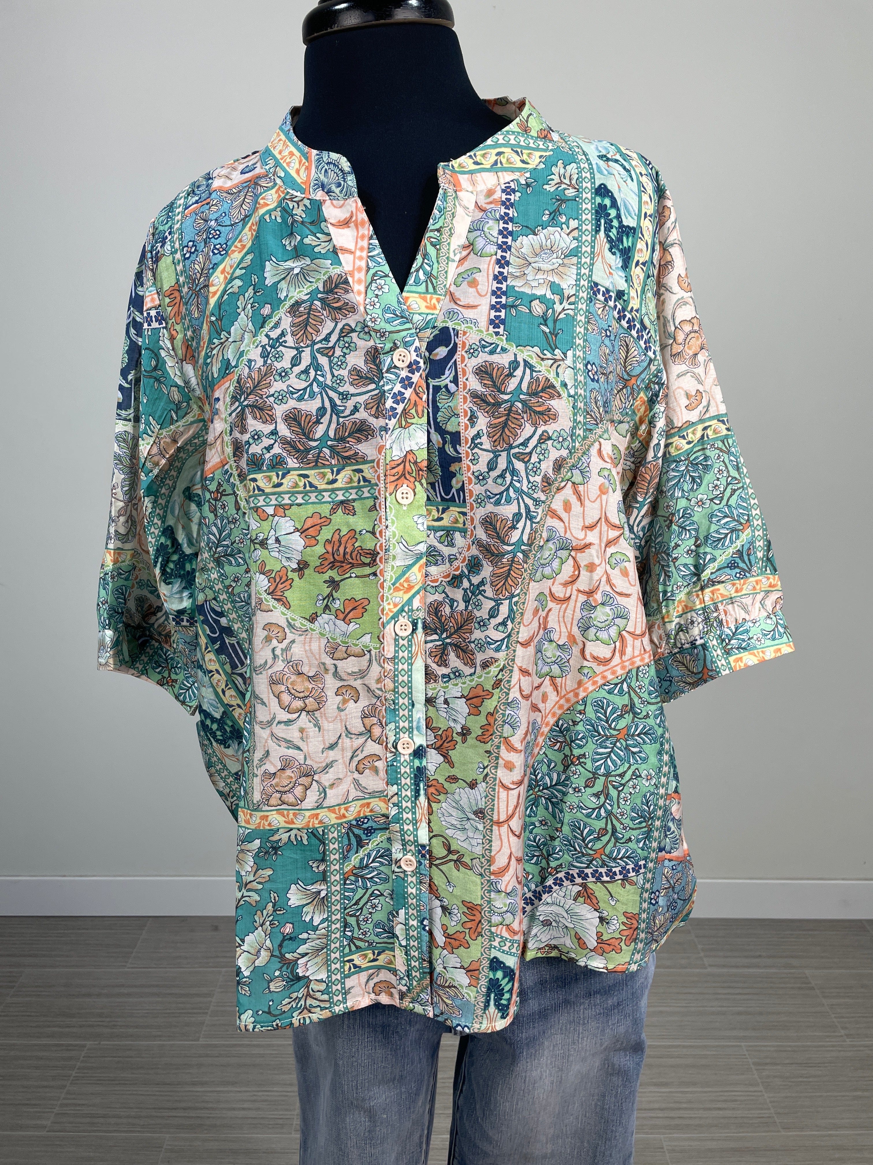 Green Patchwork Button Front Top
