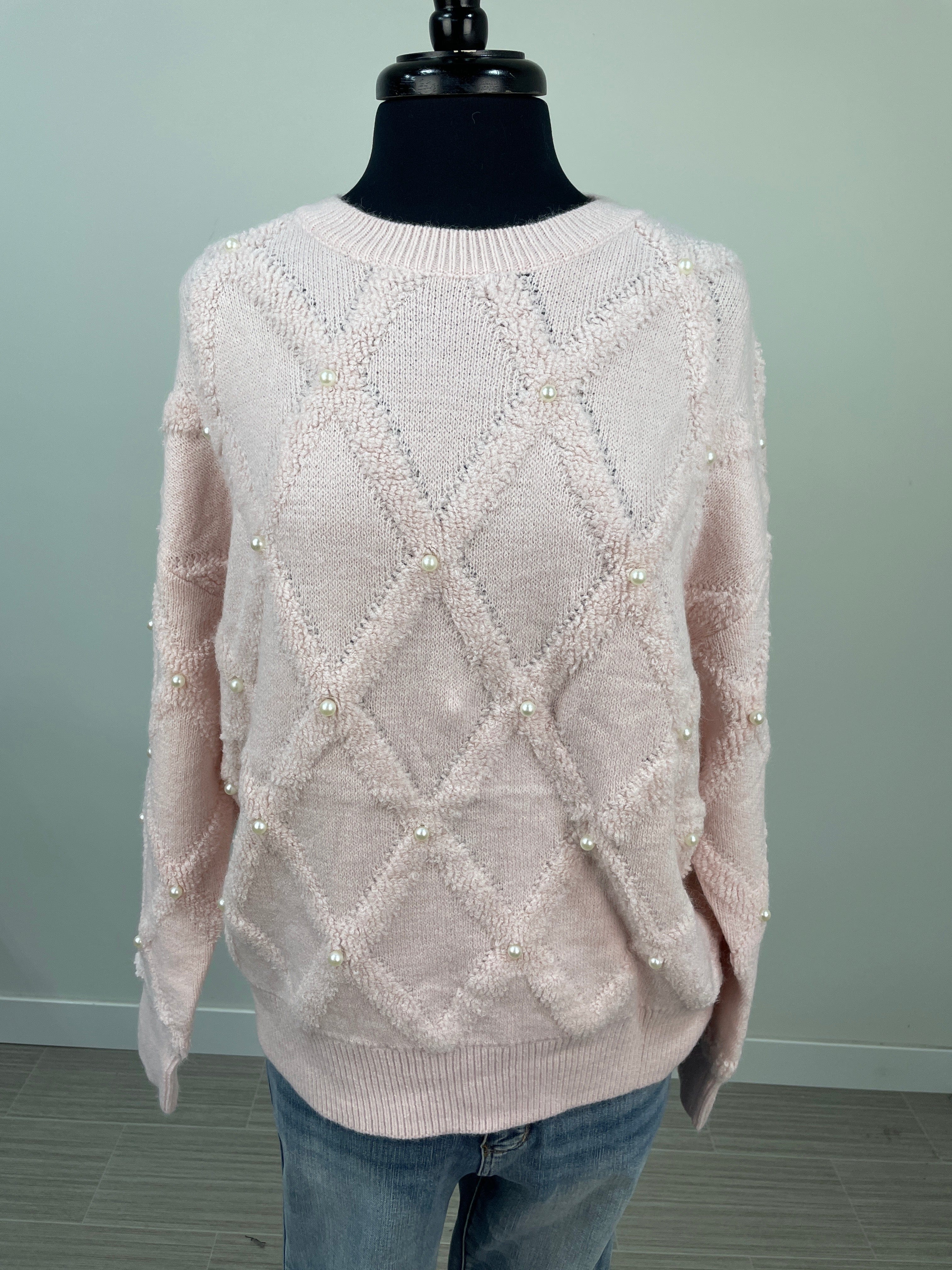 Pink Diamond Knit Pearl Pullover