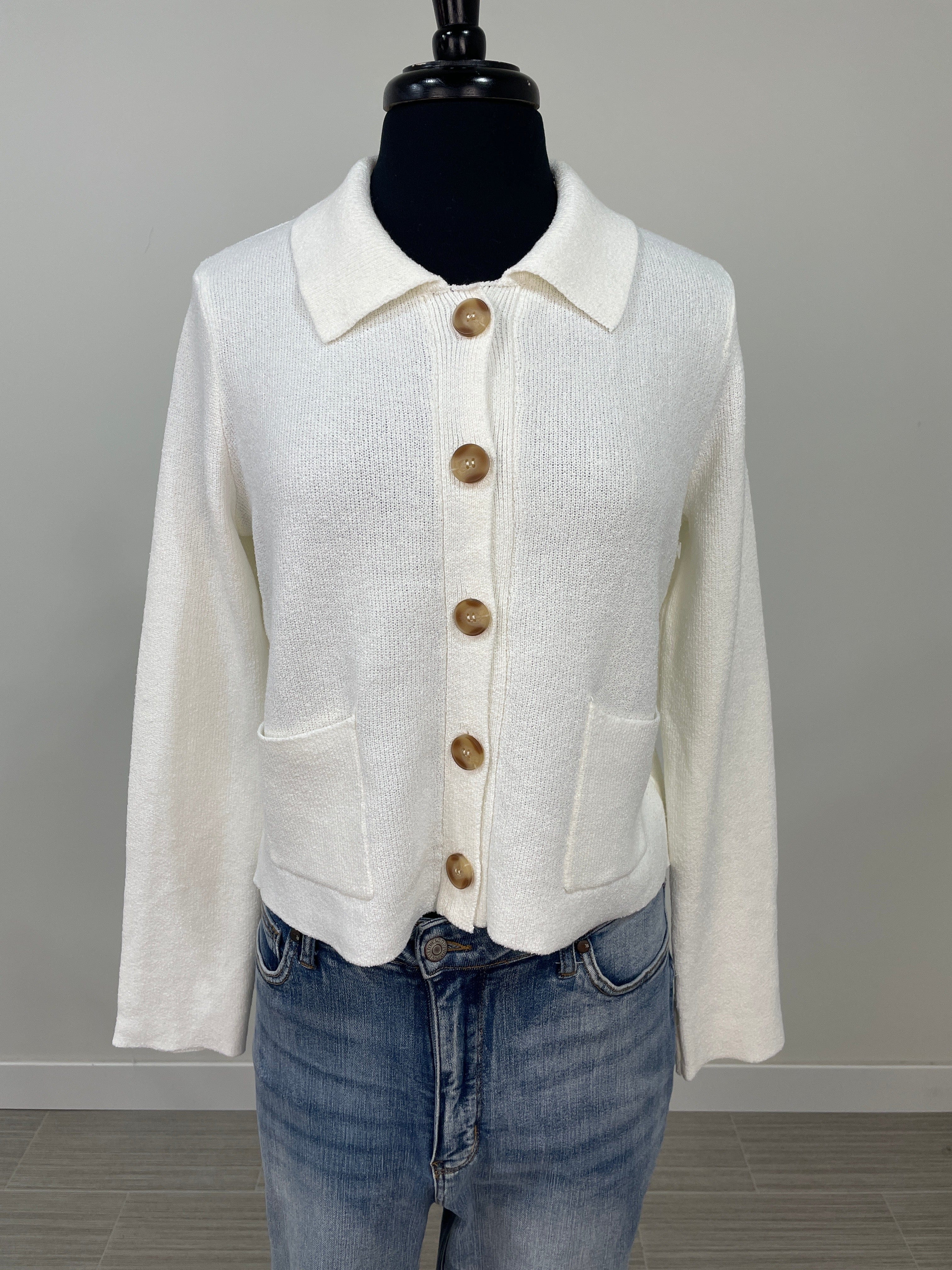 Ivory Collared Button Up Cardigan Sweater