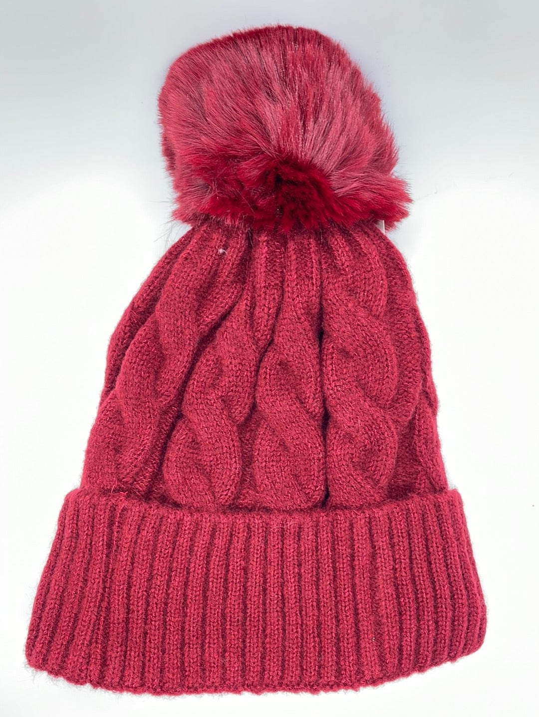 Burgundy Twisted Knit Fur Lined Hat