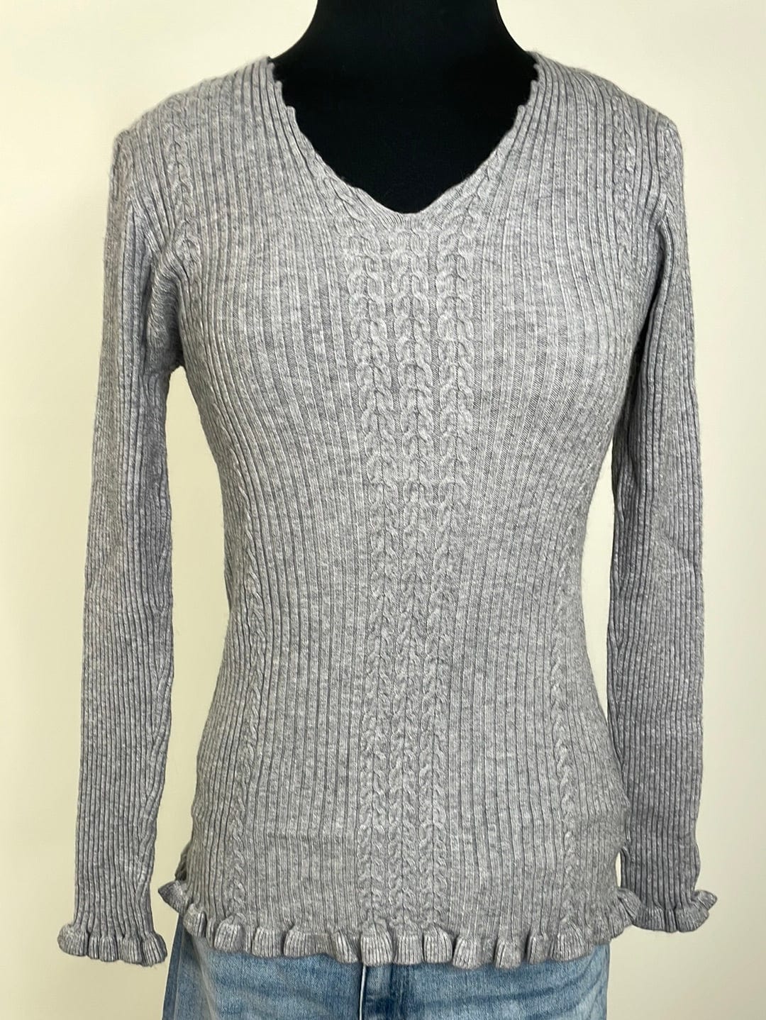Grey Ruffle Trim Sweater Top