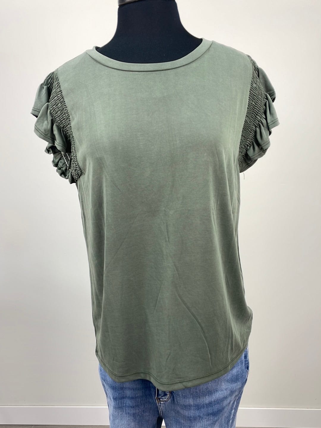 Olive Ruffle Cap Sleeve Top