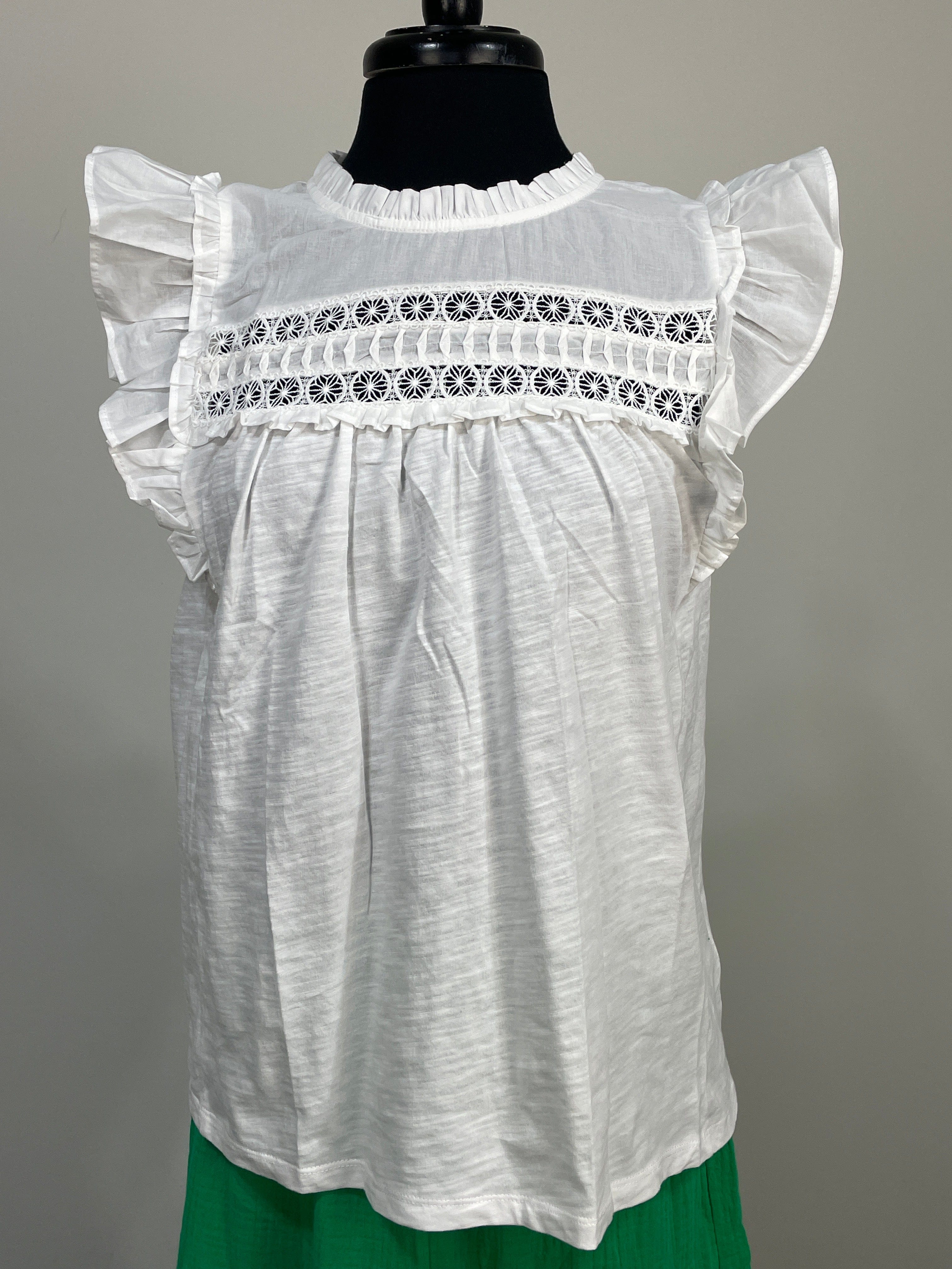 Ecru Eyelet Ruffle Cap Sleeve Top