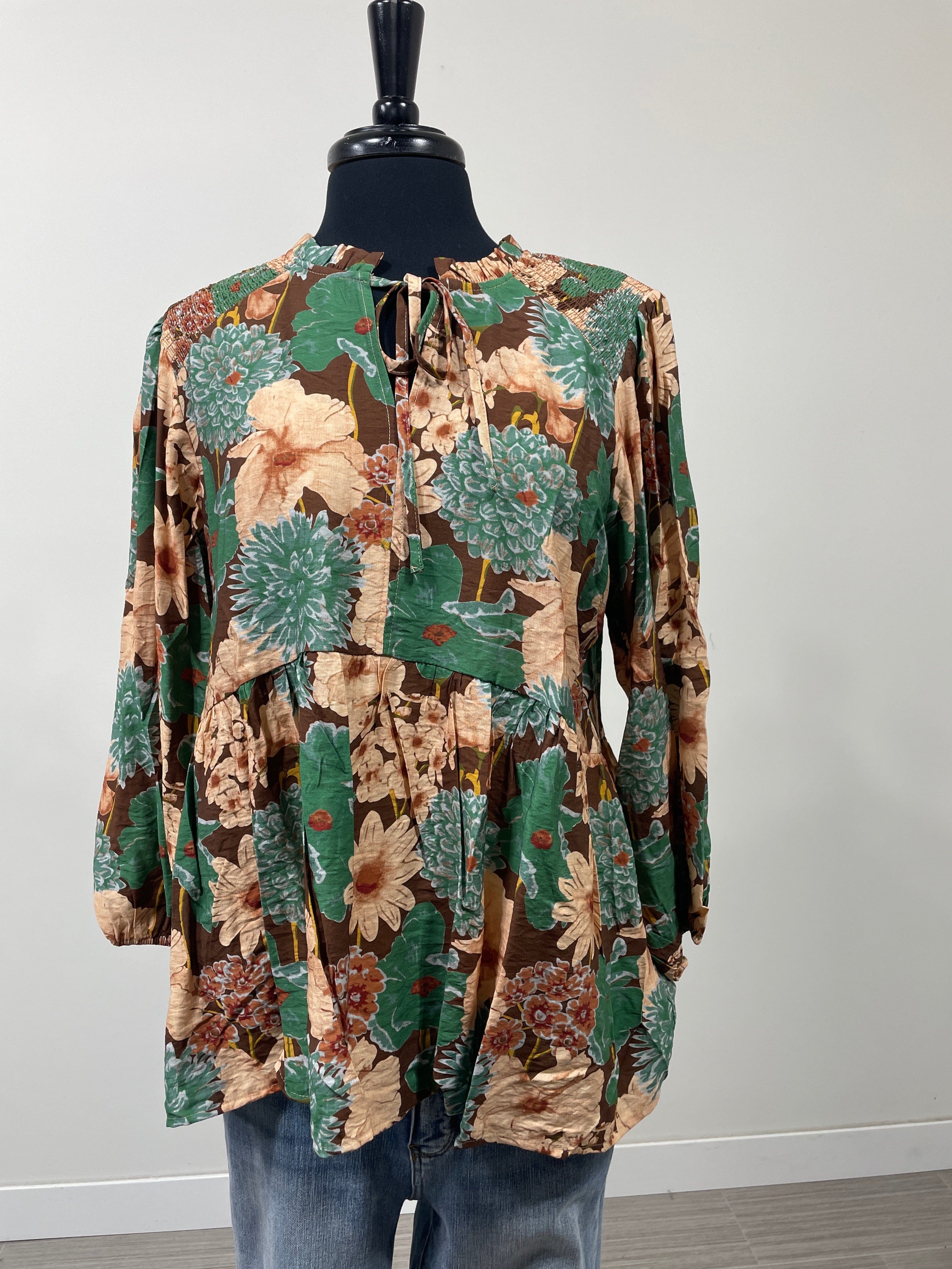 Brown Mix Floral Ruffle Neck Tie Front Blouse