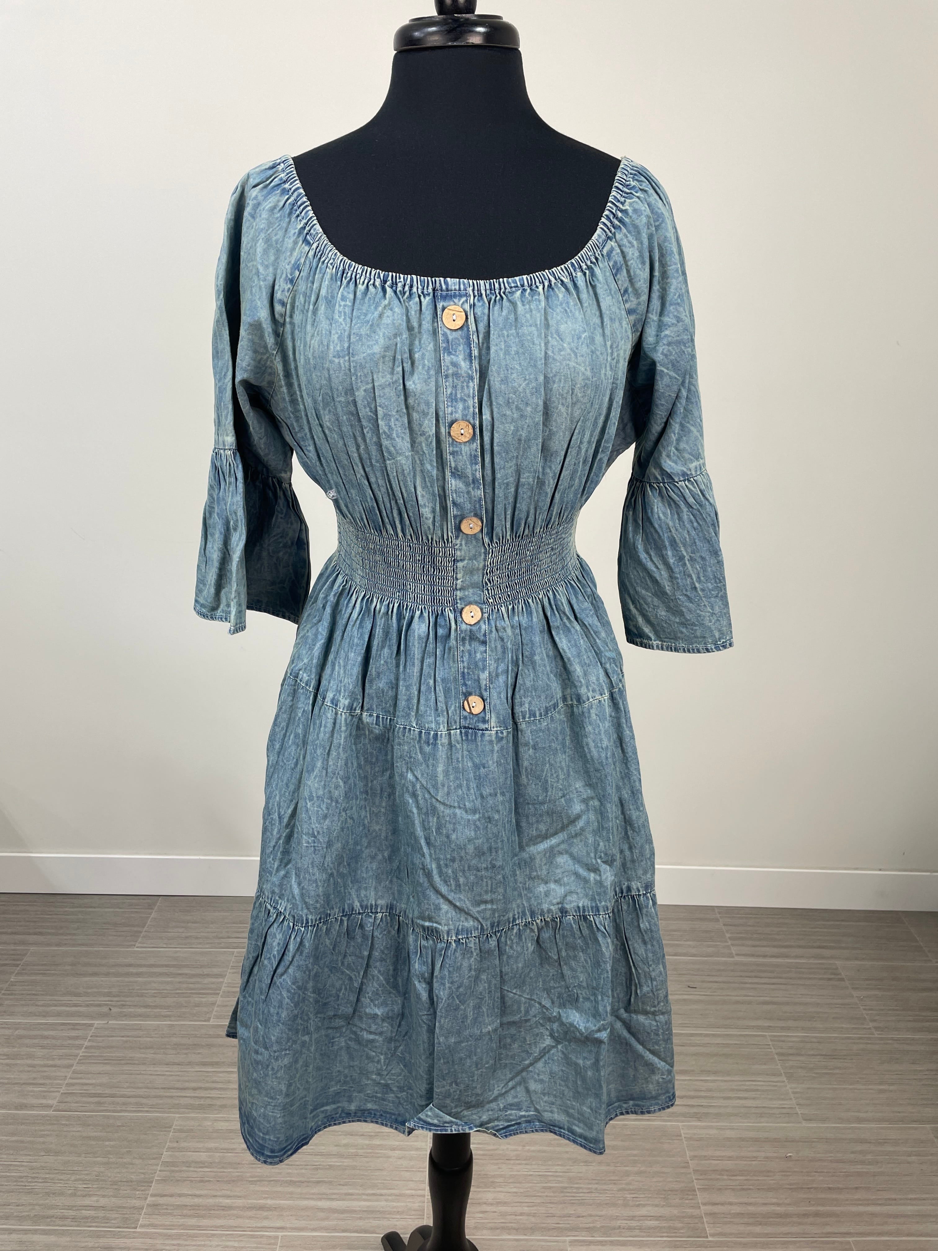 Denim Bell Sleeve Tiered Dress