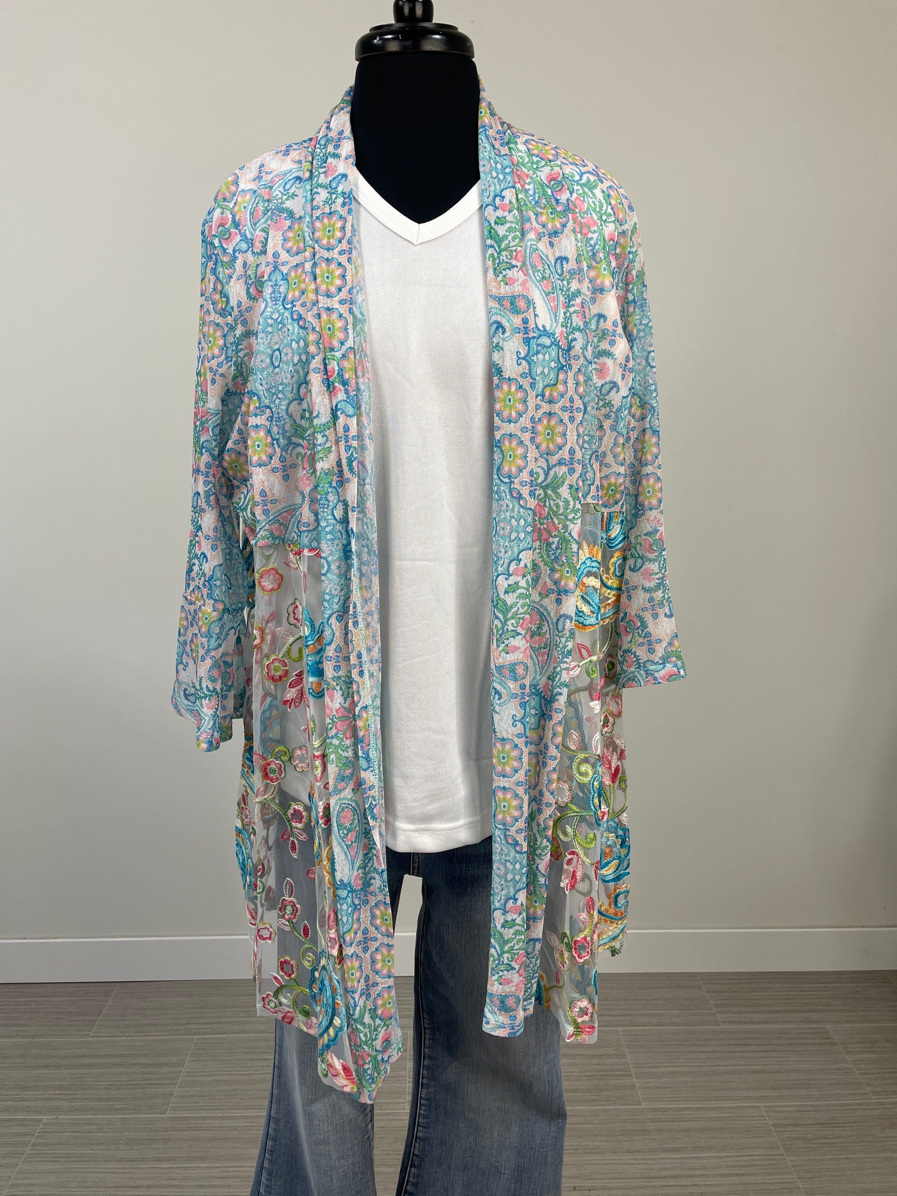 Blue Paisley Floral Embroidered Kimono