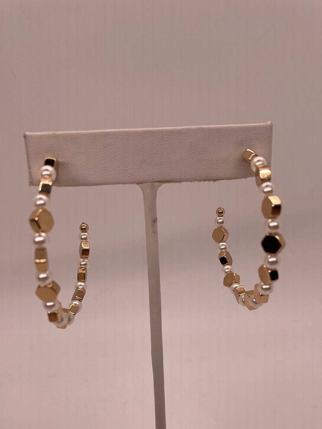 Gold & Pearl Hexagon Hoop Earring