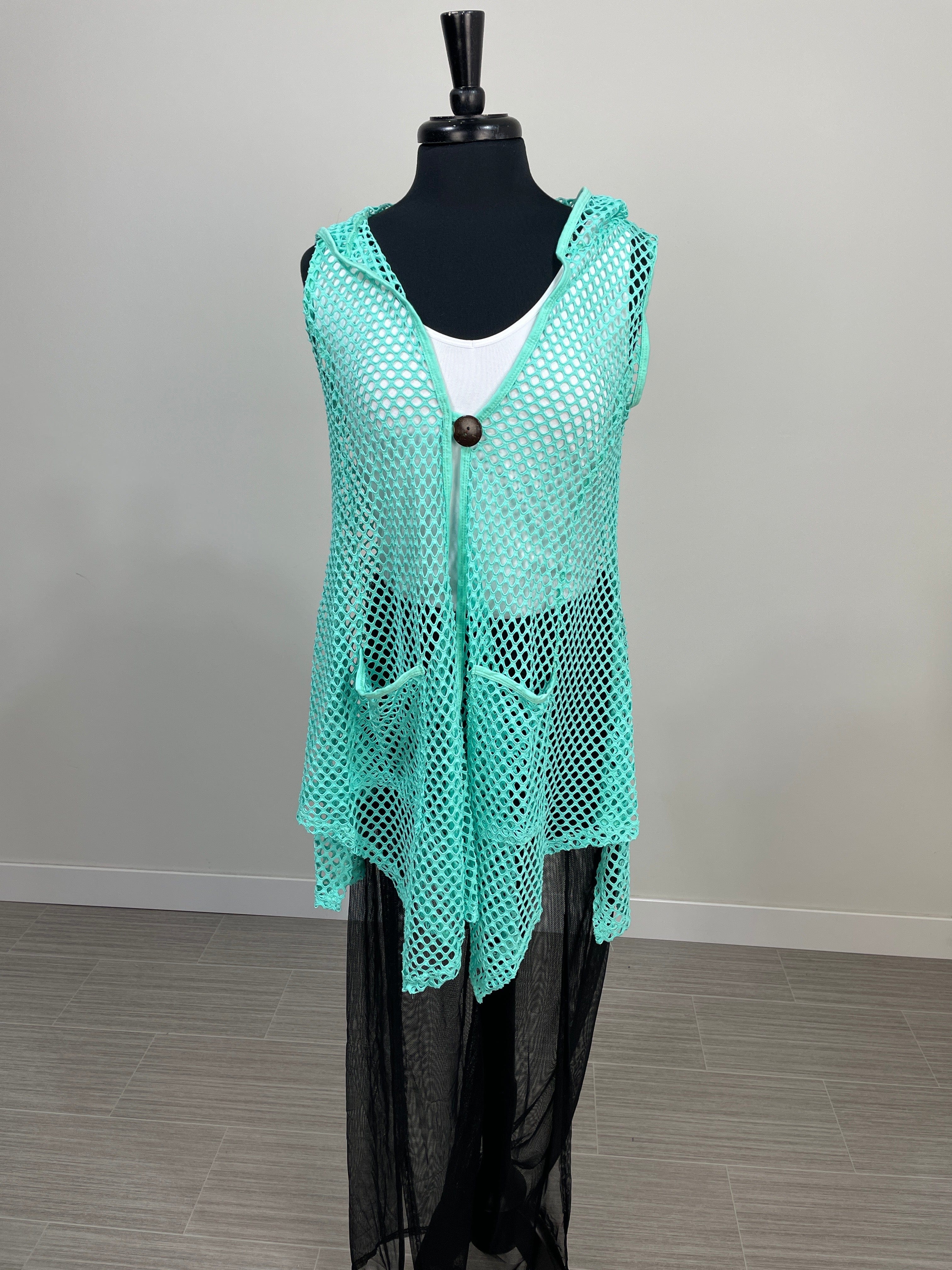 Aqua Open Knit Hooded Coverup