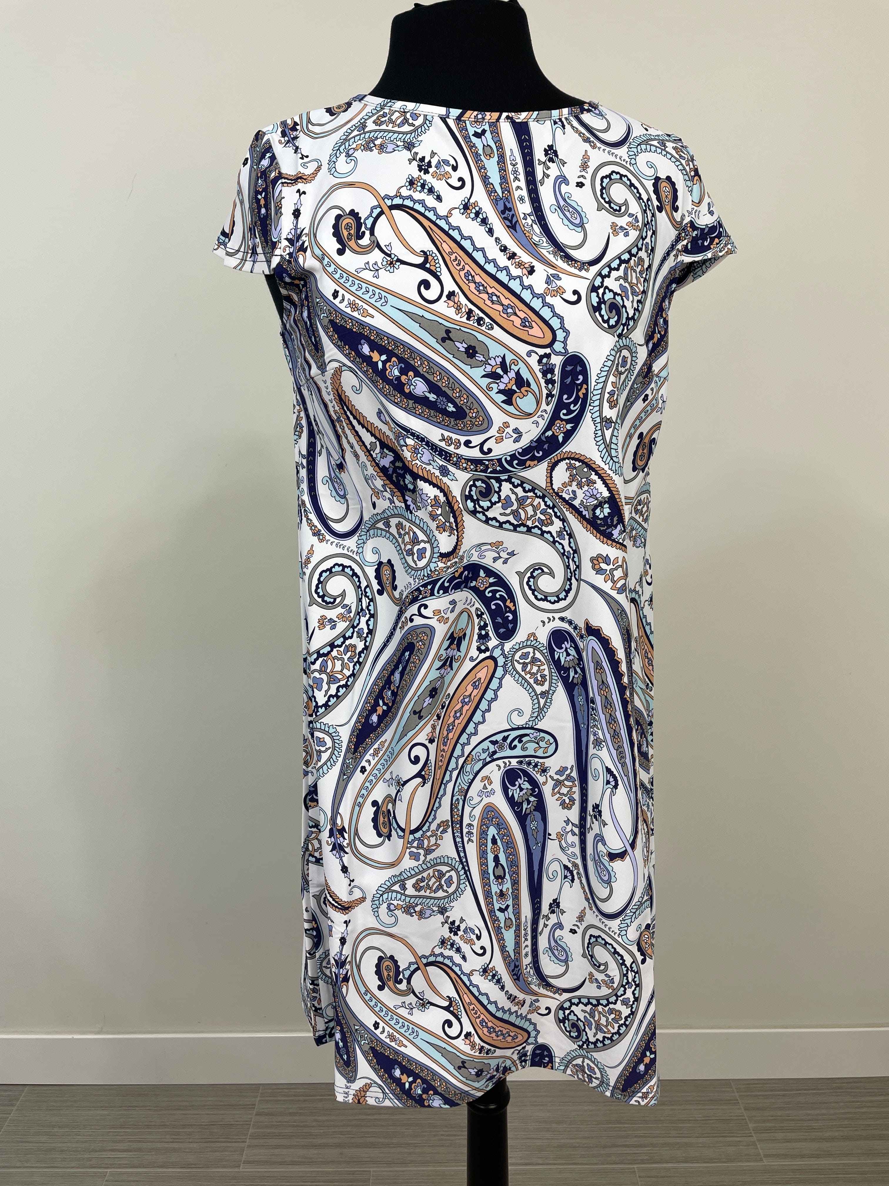 White & Navy Paisley Cap Sleeve Shift Dress