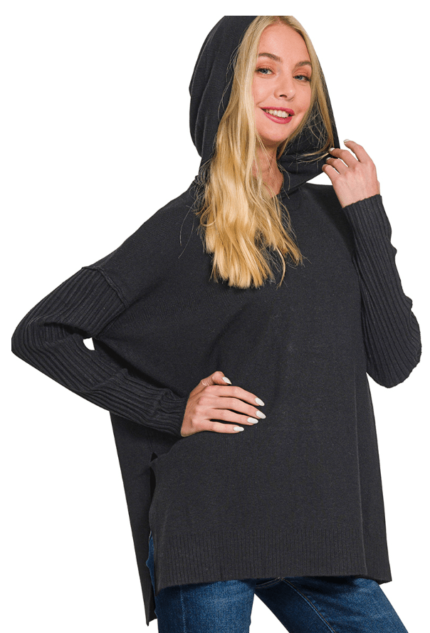 Black Hooded Ribbed Sleeve Sweater