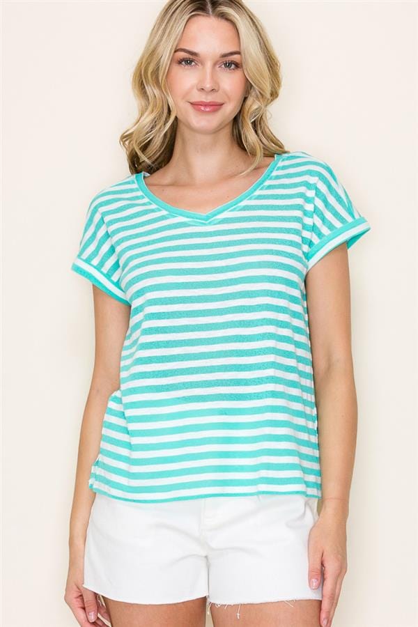 Jade Stripe V-Neck Knit Top