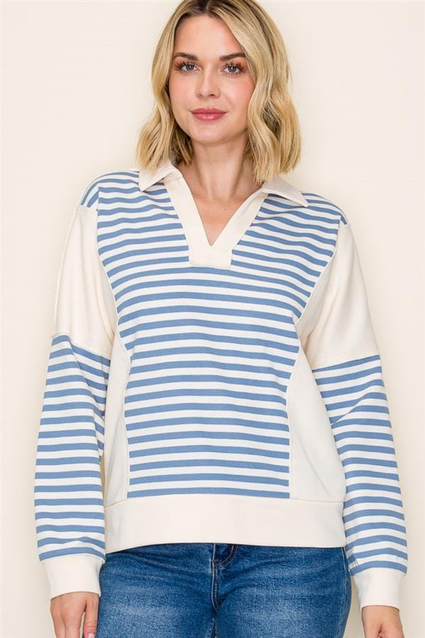 Blue French Terry Contrast V-Neck Pullover