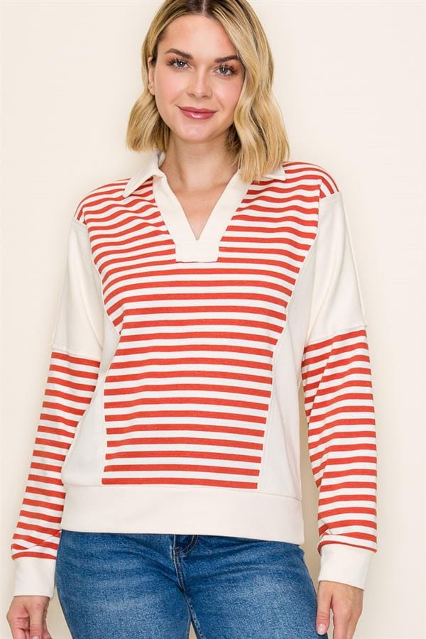 Orange French Terry Contrast V-Neck Pullover