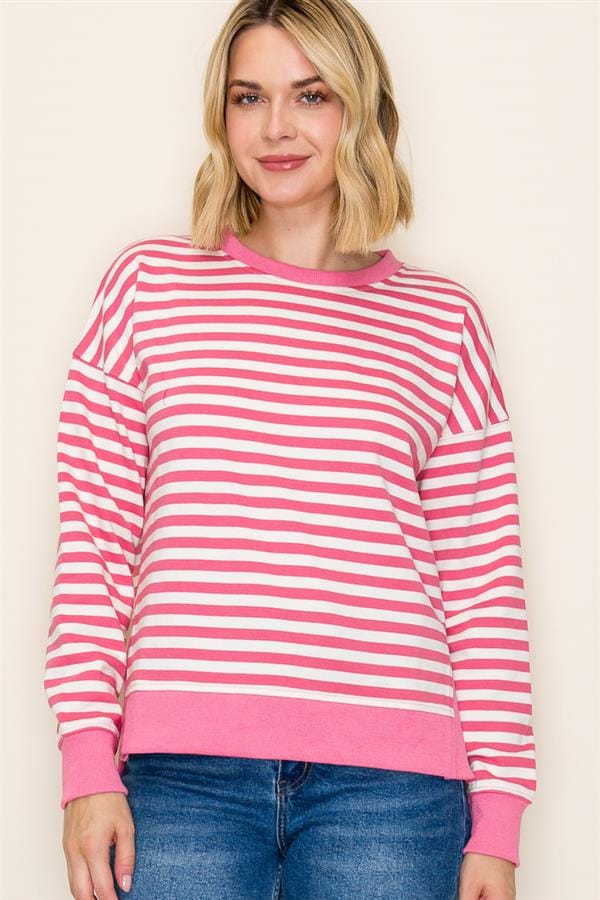 Pink Stripe Rib Banded with Side Slits Pullover