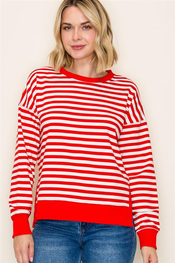 Red Stripe Rib Banded with Side Slits Pullover