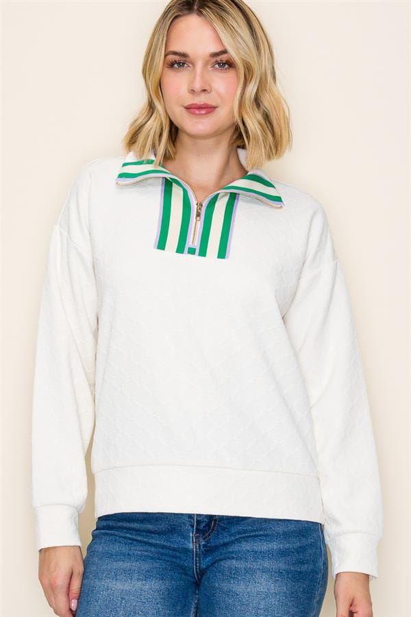Ivory Ribbed Knit Varsity Trim Half Zip Pullover