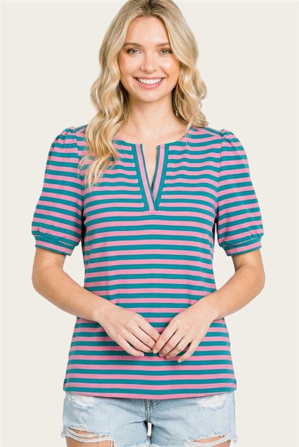 Pink & Green Stripe Puff Sleeve Top