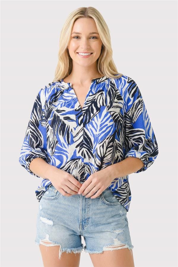 Cobalt & Black Floral Bubble Sleeve Blouse