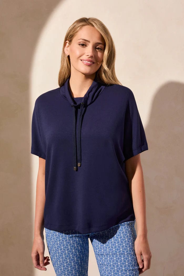 Jet Blue Lux Funnel Neck Short Sleeve Top